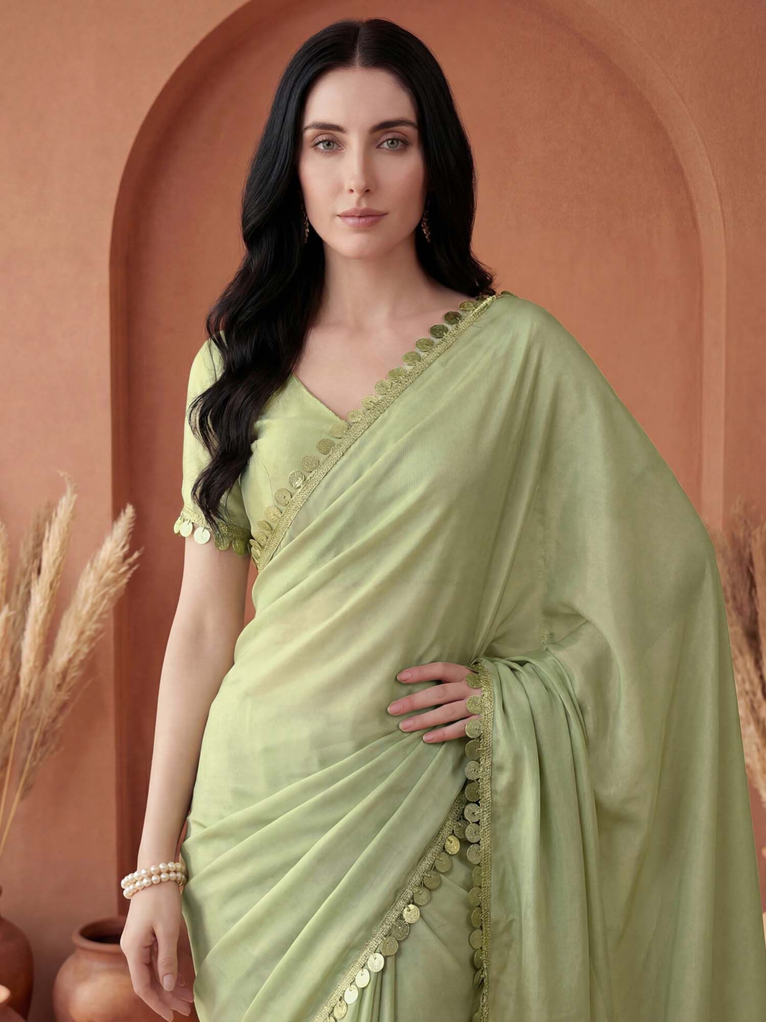 Pista Green Solid Lace Work Georgette Saree with Unstitched Blouse