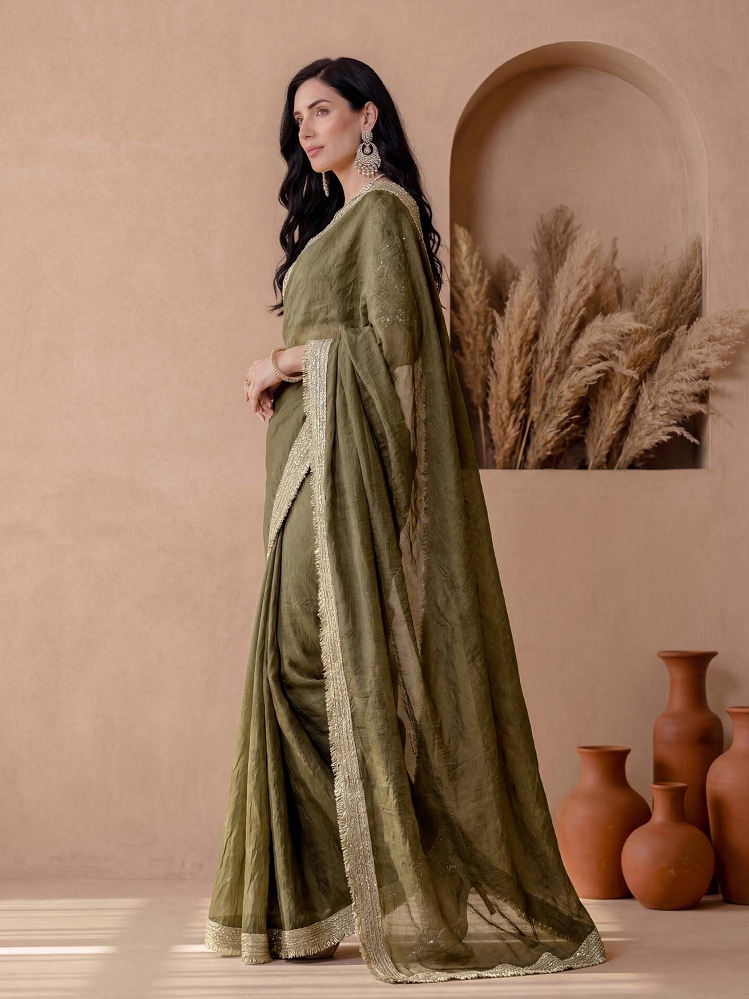 Olive Solid Lace Work Silk Saree with Unstitched Blouse