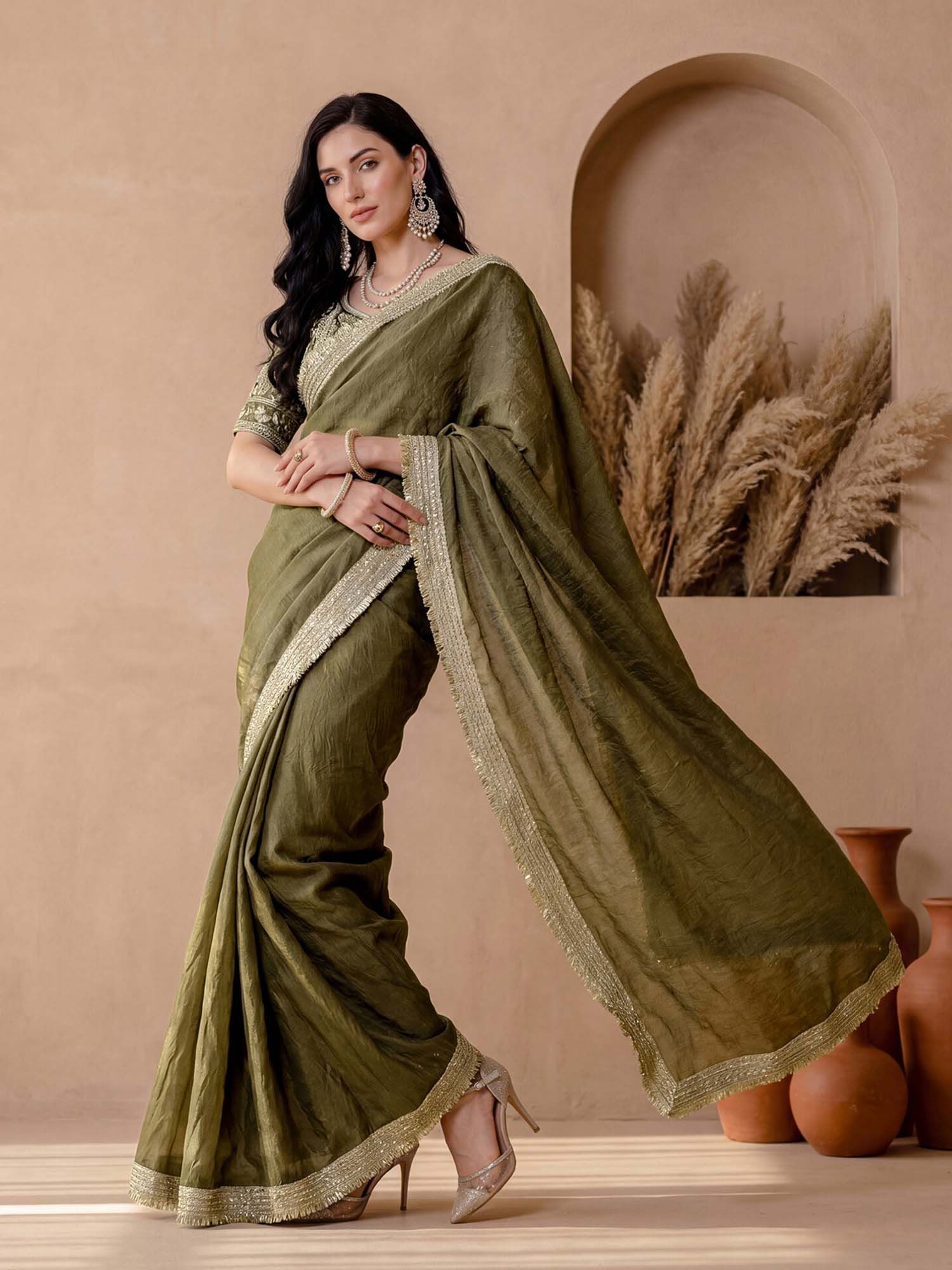 Olive Solid Lace Work Silk Saree with Unstitched Blouse