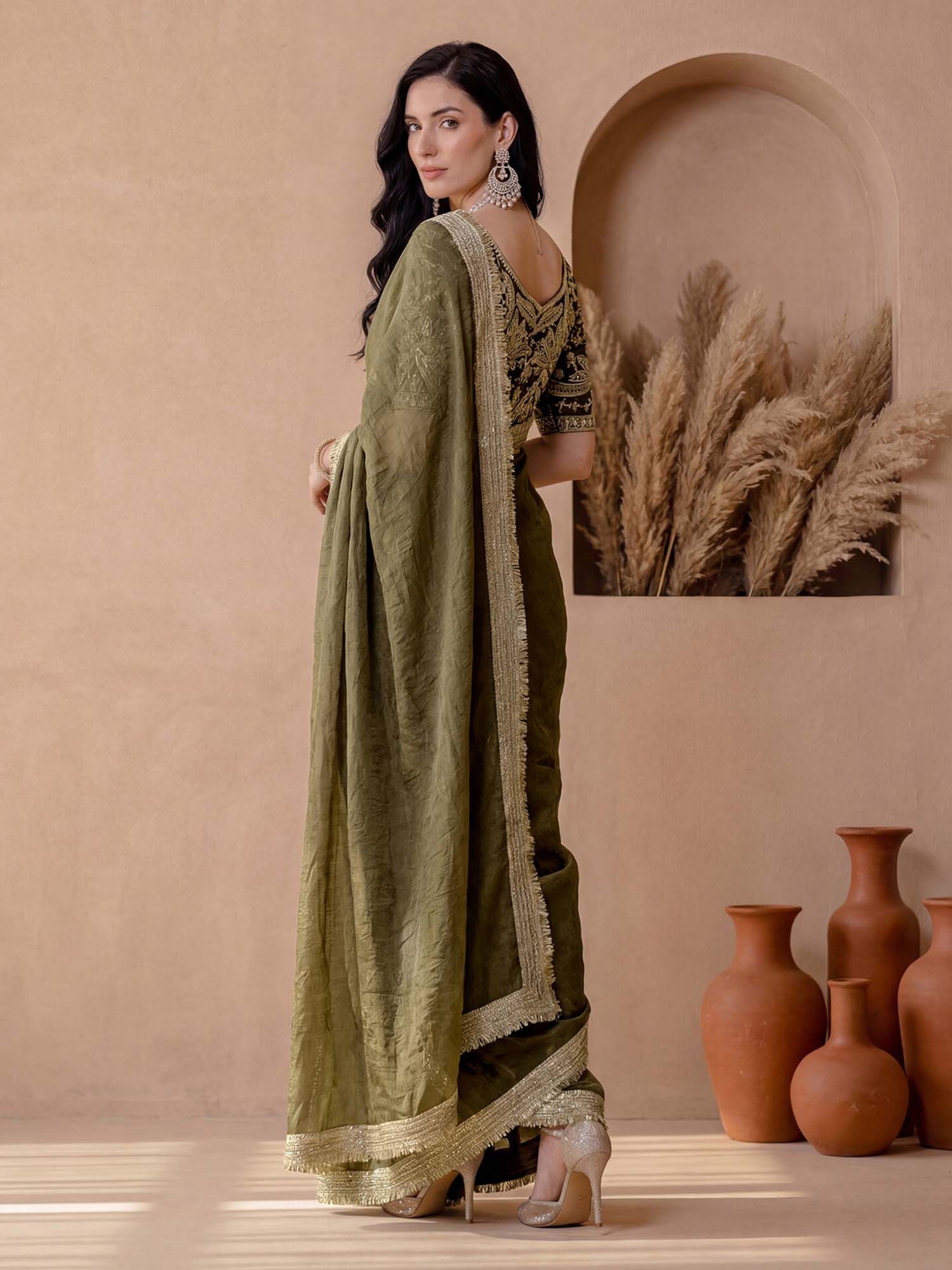 Olive Solid Lace Work Silk Saree with Unstitched Blouse