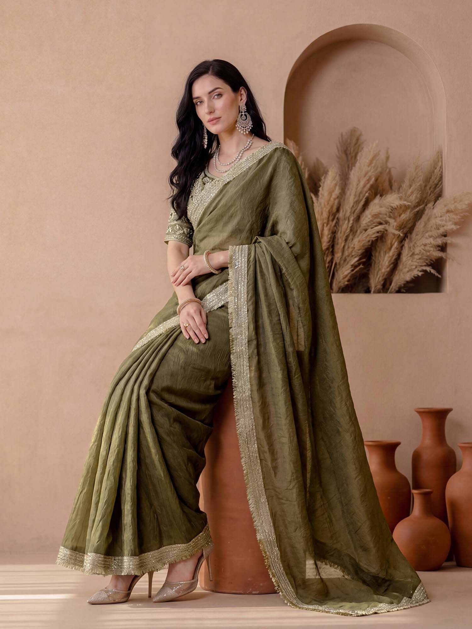 Olive Solid Lace Work Silk Saree with Unstitched Blouse