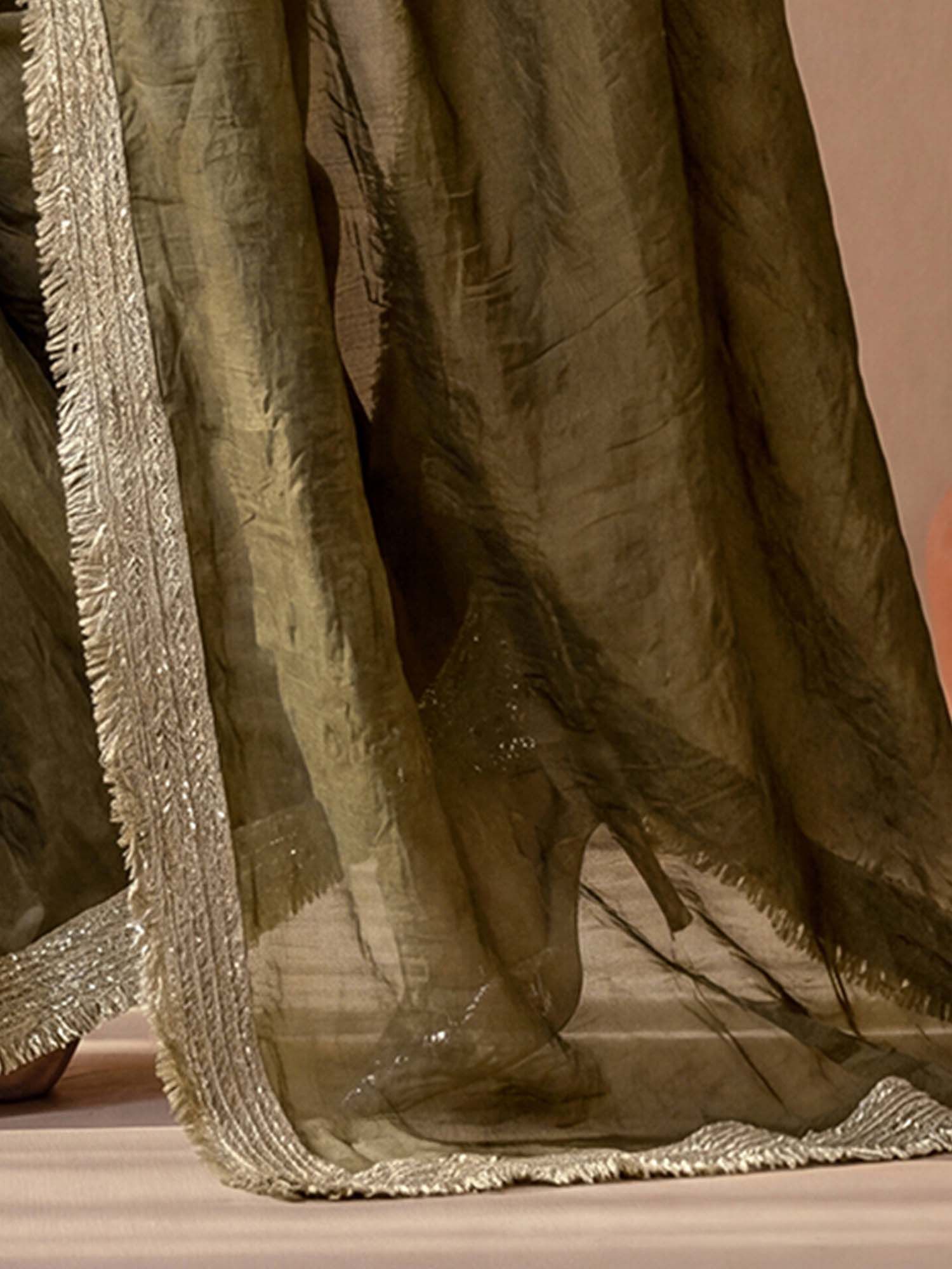 Olive Solid Lace Work Silk Saree with Unstitched Blouse