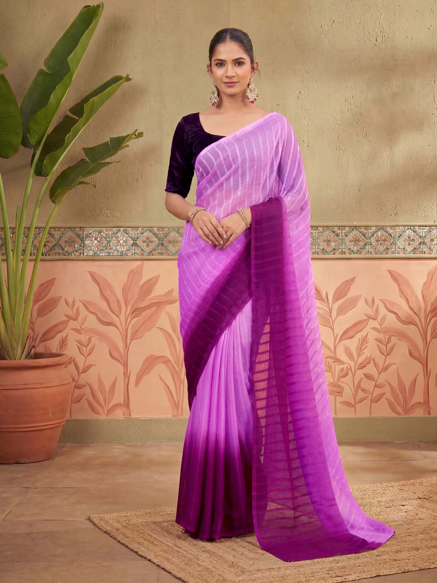Pink Ombre Printed Chiffon Saree with Unstitched Blouse