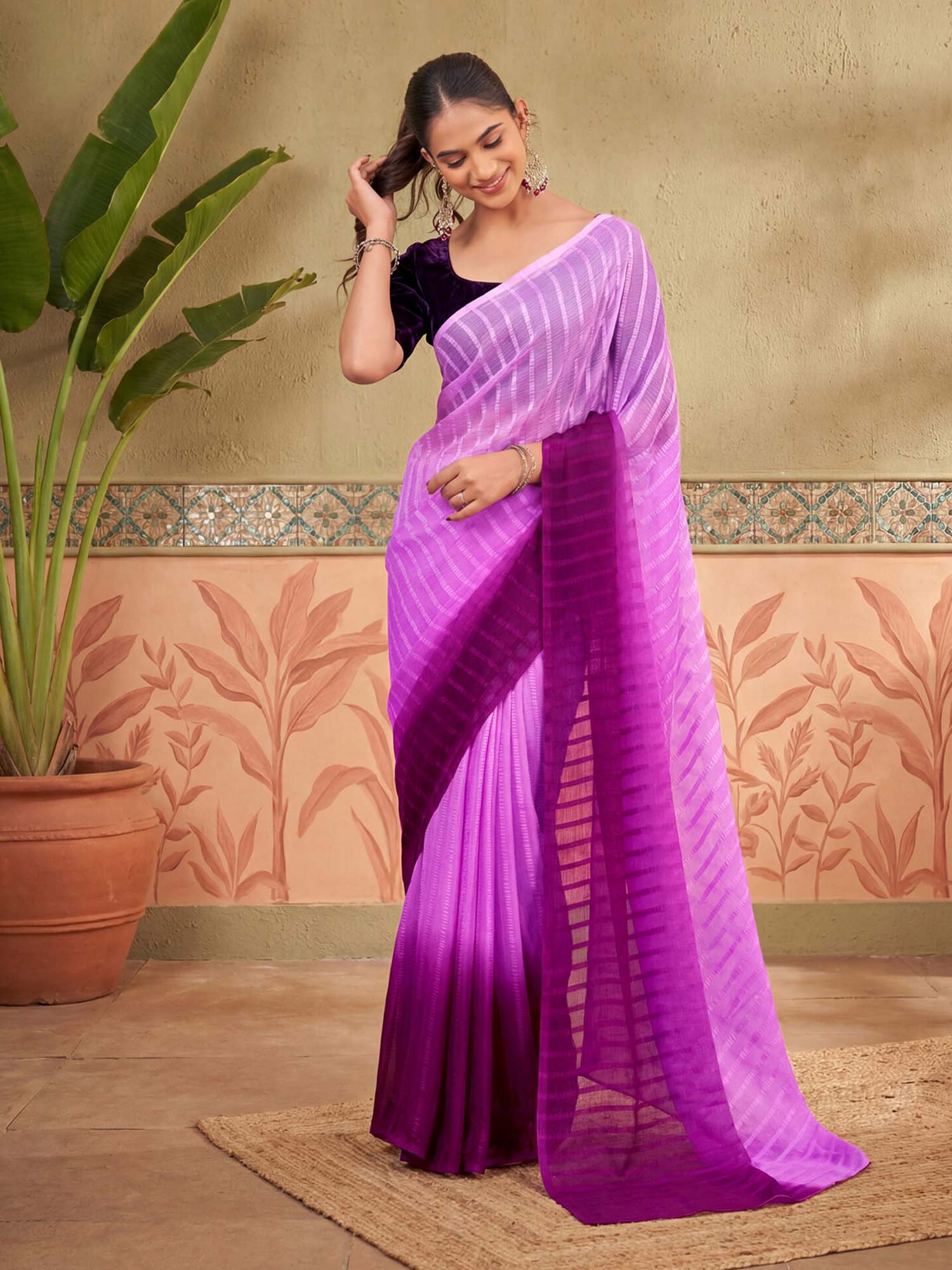 Pink Ombre Printed Chiffon Saree with Unstitched Blouse