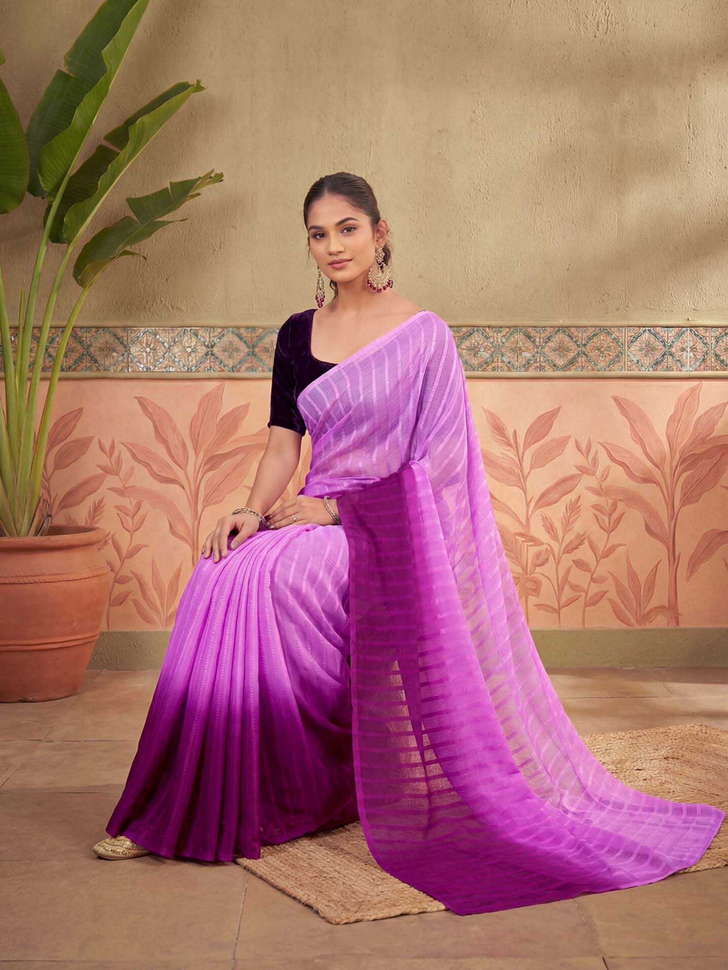 Pink Ombre Printed Chiffon Saree with Unstitched Blouse