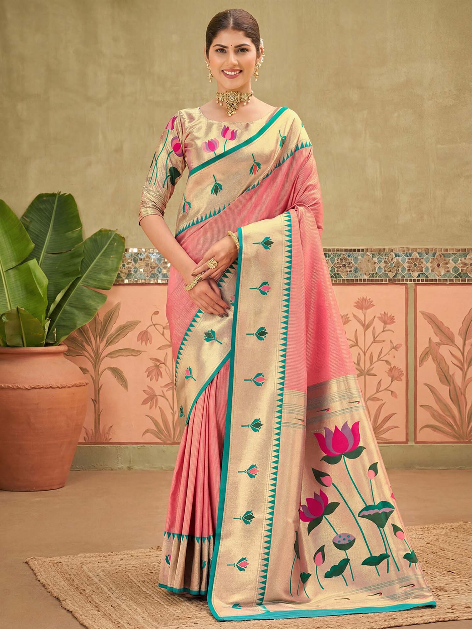 Peach Floral Woven Paithani Silk Saree with Unstitched Blouse