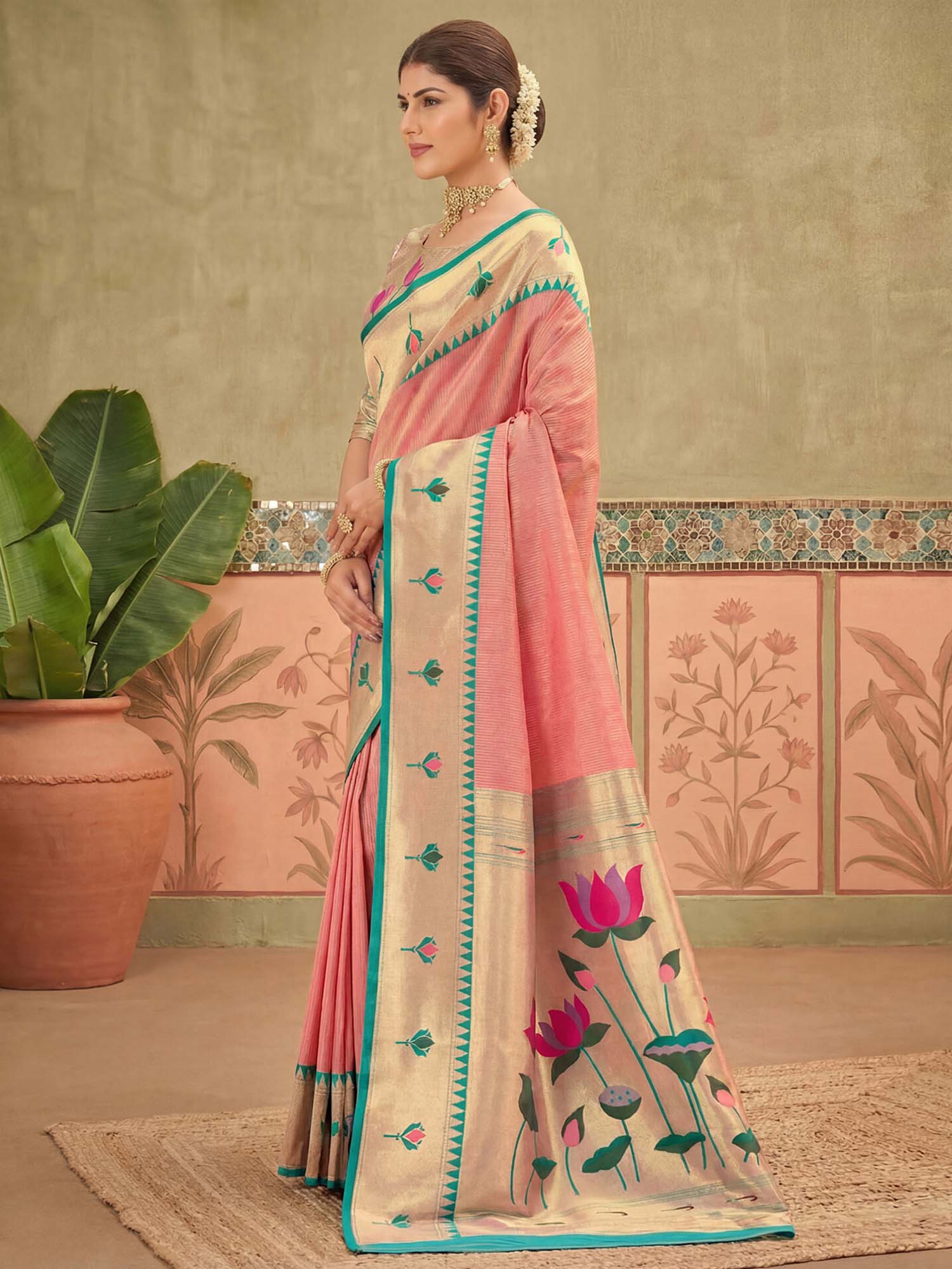 Peach Floral Woven Paithani Silk Saree with Unstitched Blouse
