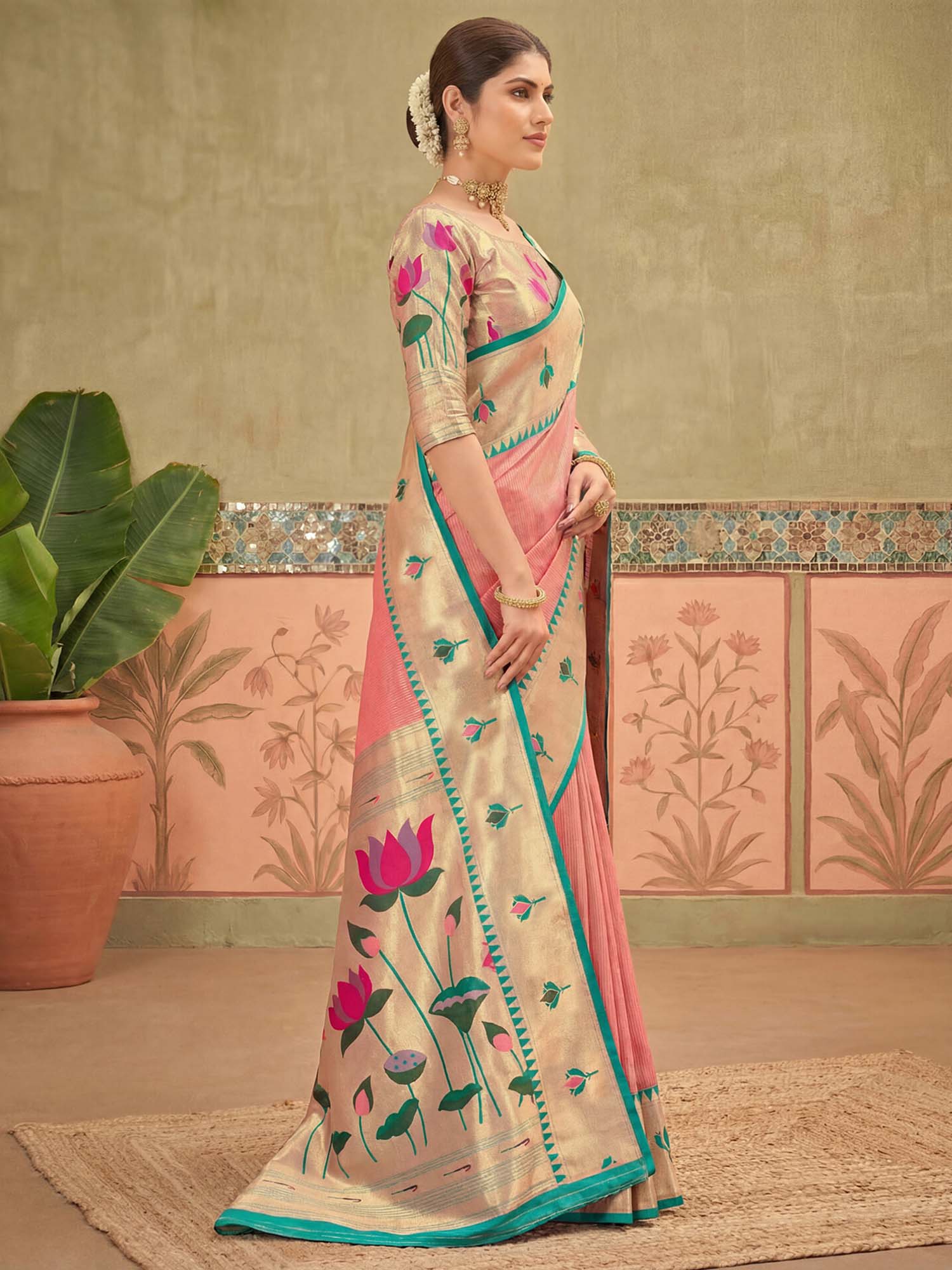 Peach Floral Woven Paithani Silk Saree with Unstitched Blouse