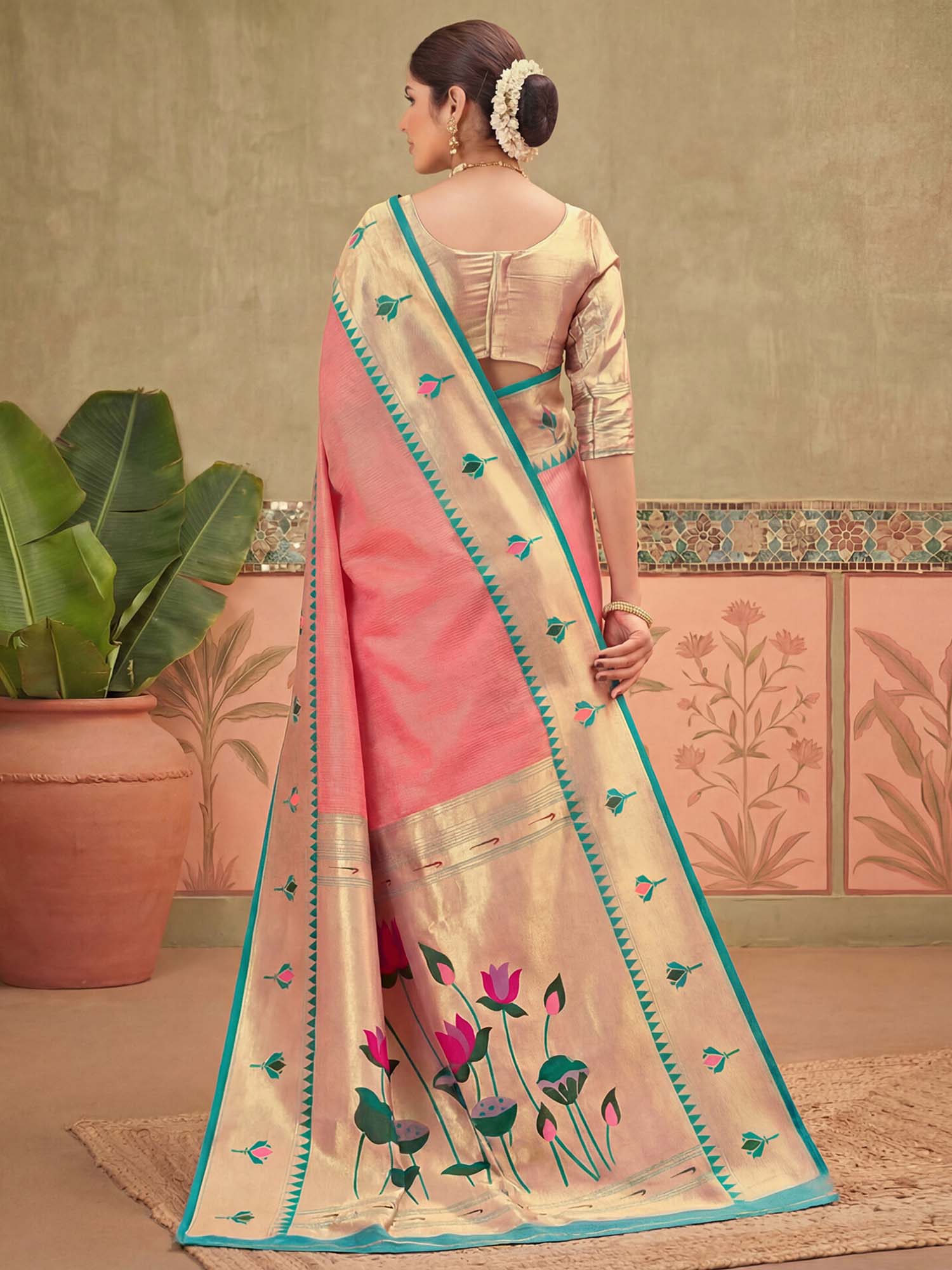 Peach Floral Woven Paithani Silk Saree with Unstitched Blouse
