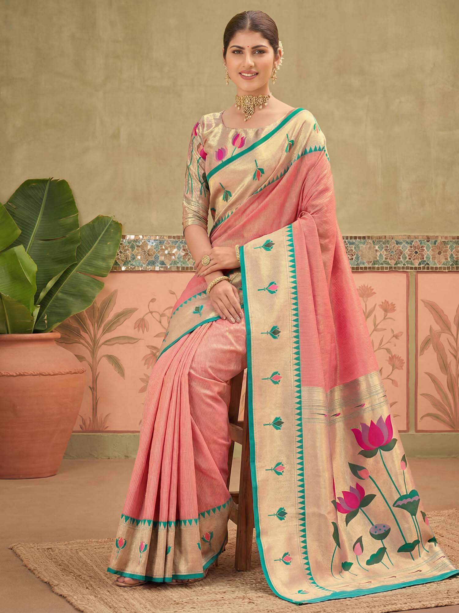 Peach Floral Woven Paithani Silk Saree with Unstitched Blouse