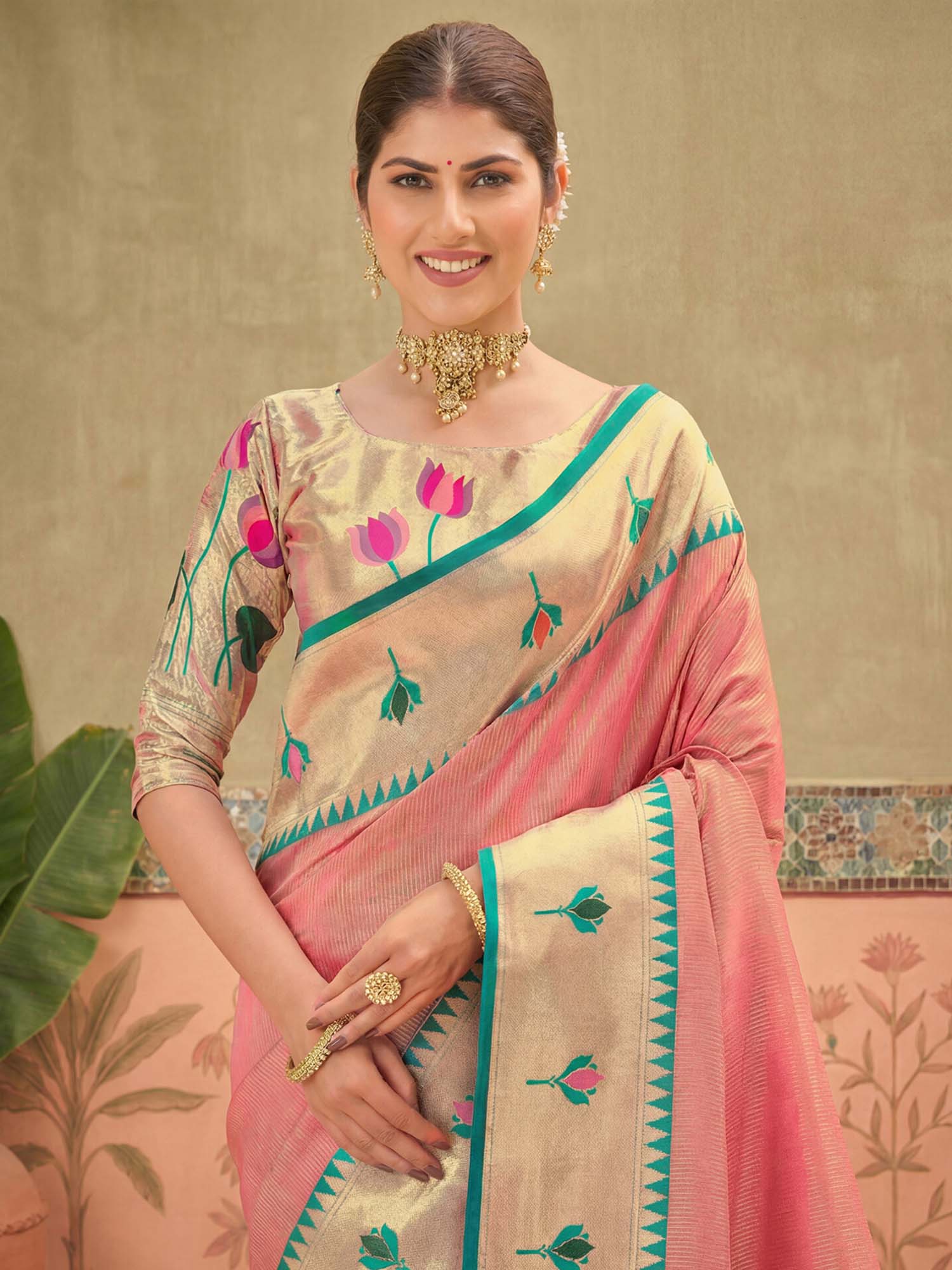 Peach Floral Woven Paithani Silk Saree with Unstitched Blouse