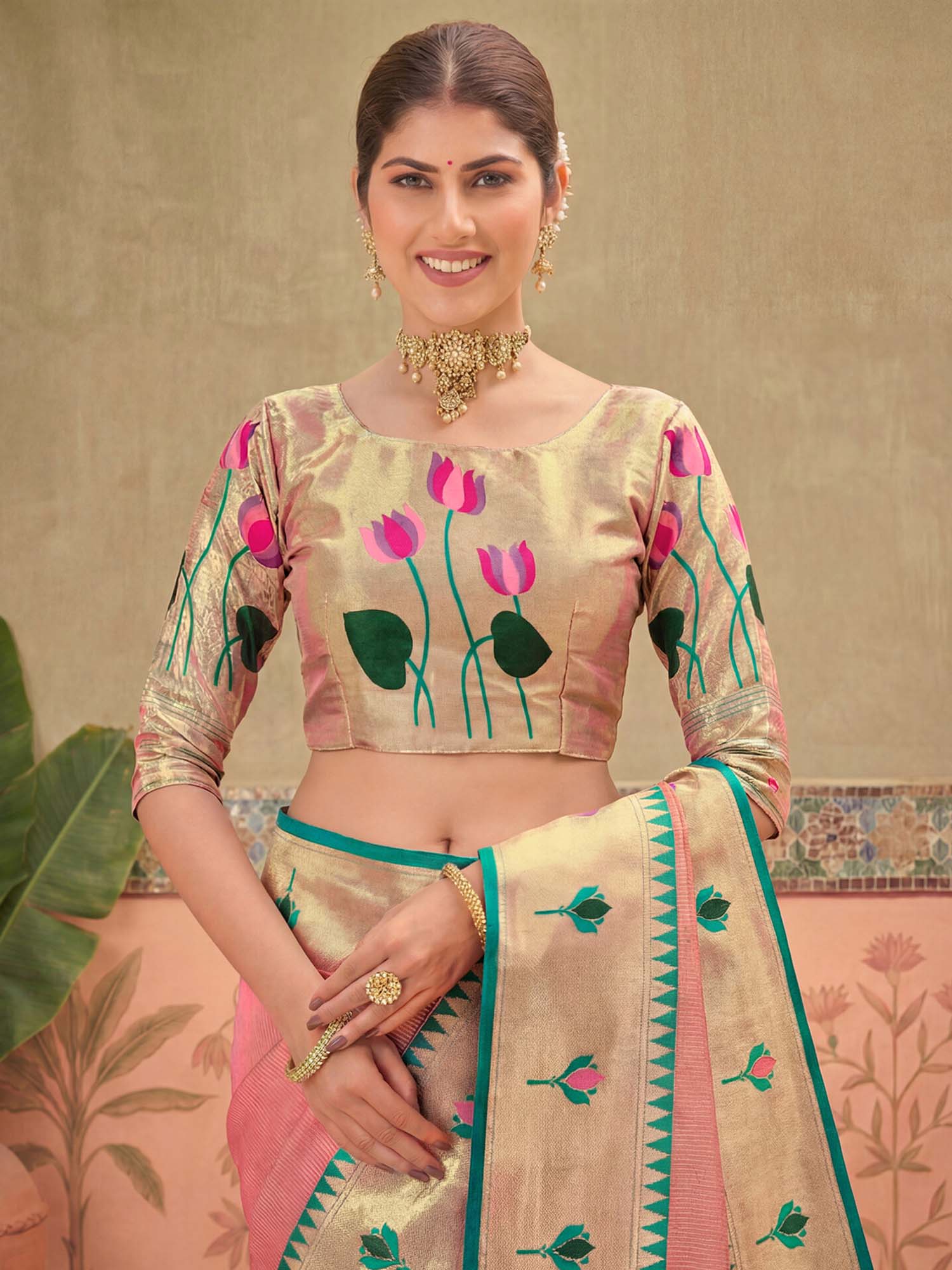 Peach Floral Woven Paithani Silk Saree with Unstitched Blouse