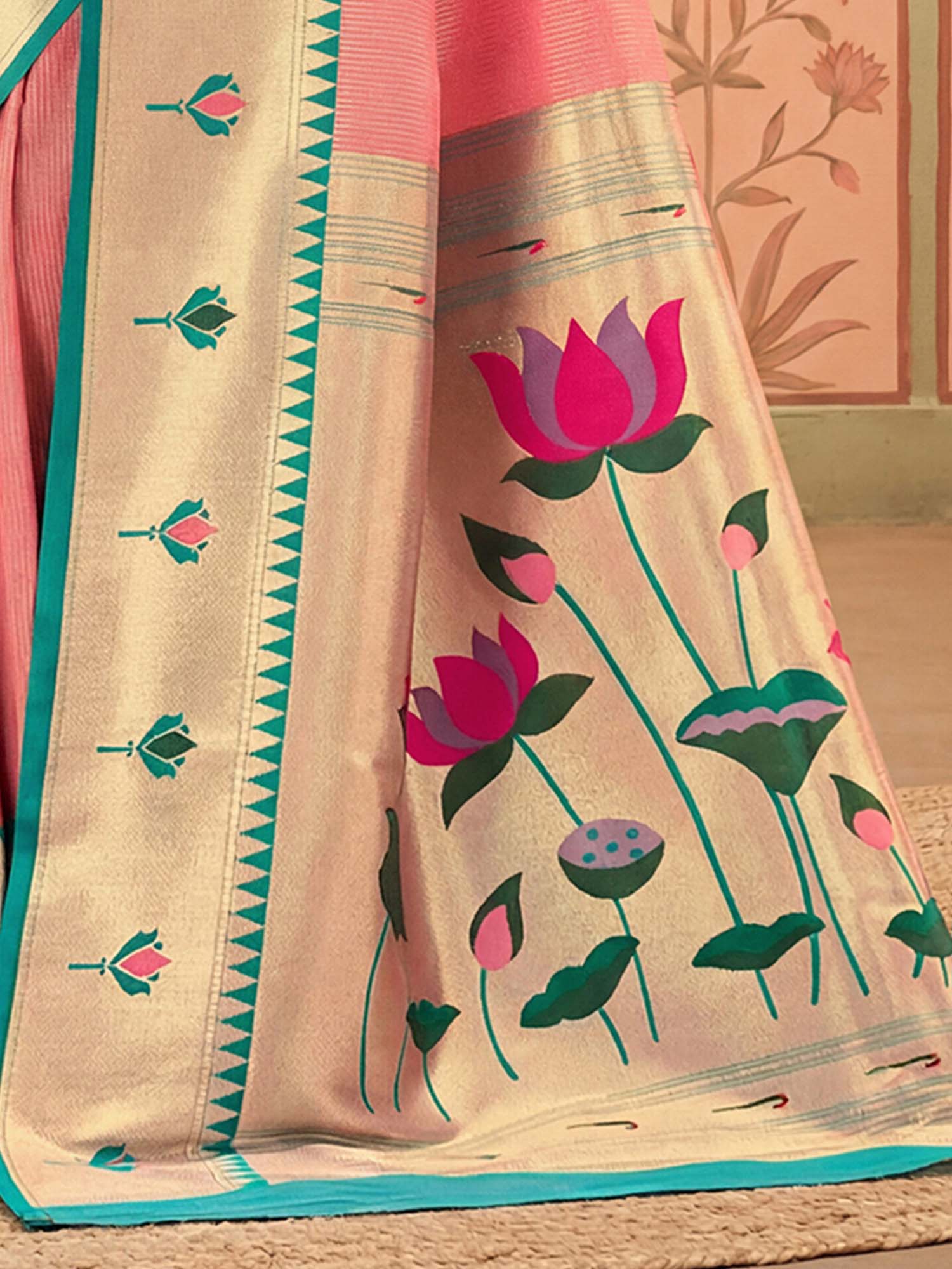 Peach Floral Woven Paithani Silk Saree with Unstitched Blouse