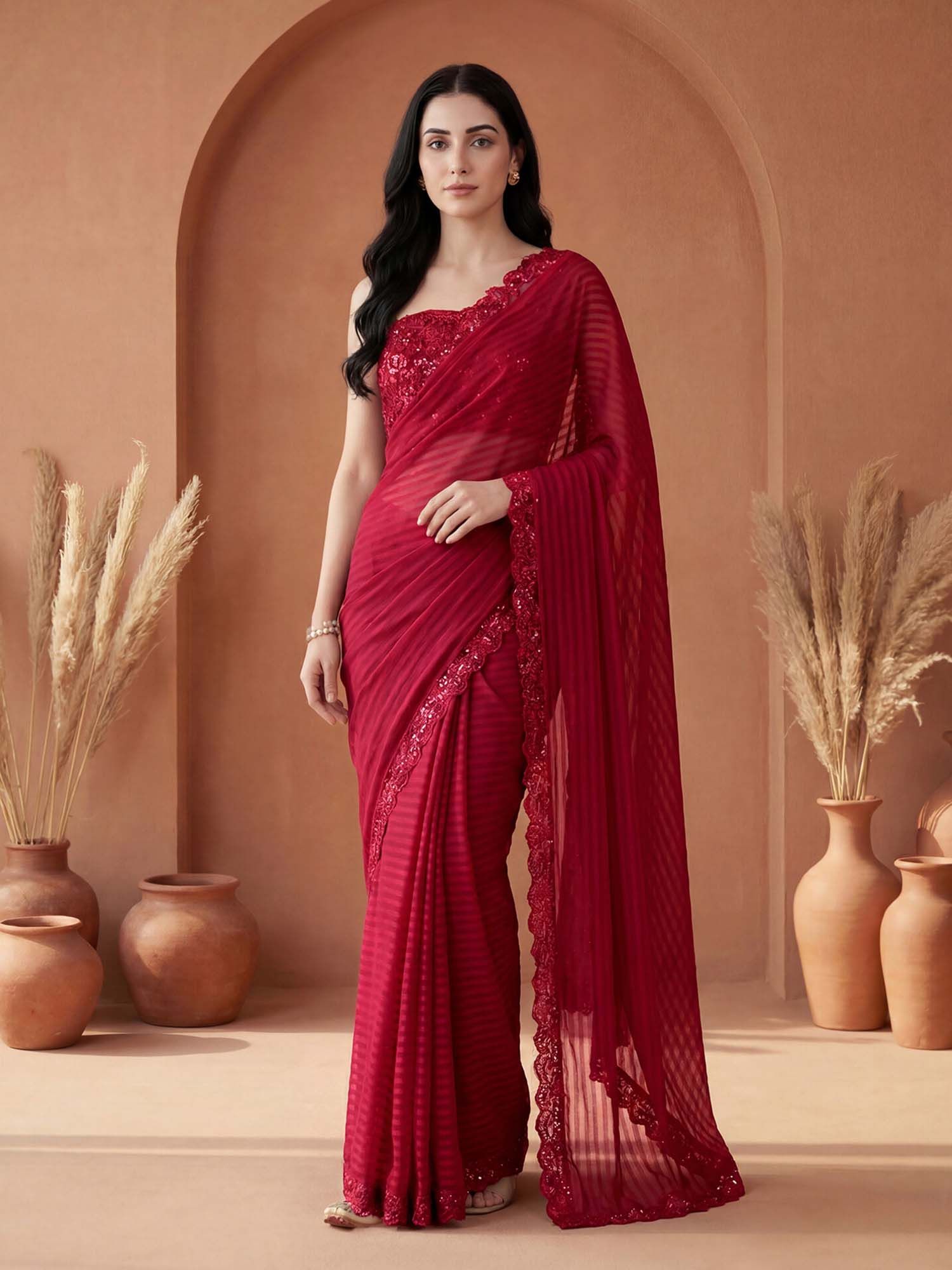 Red Stripes Sequined Border Georgette Saree with Unstitched Blouse
