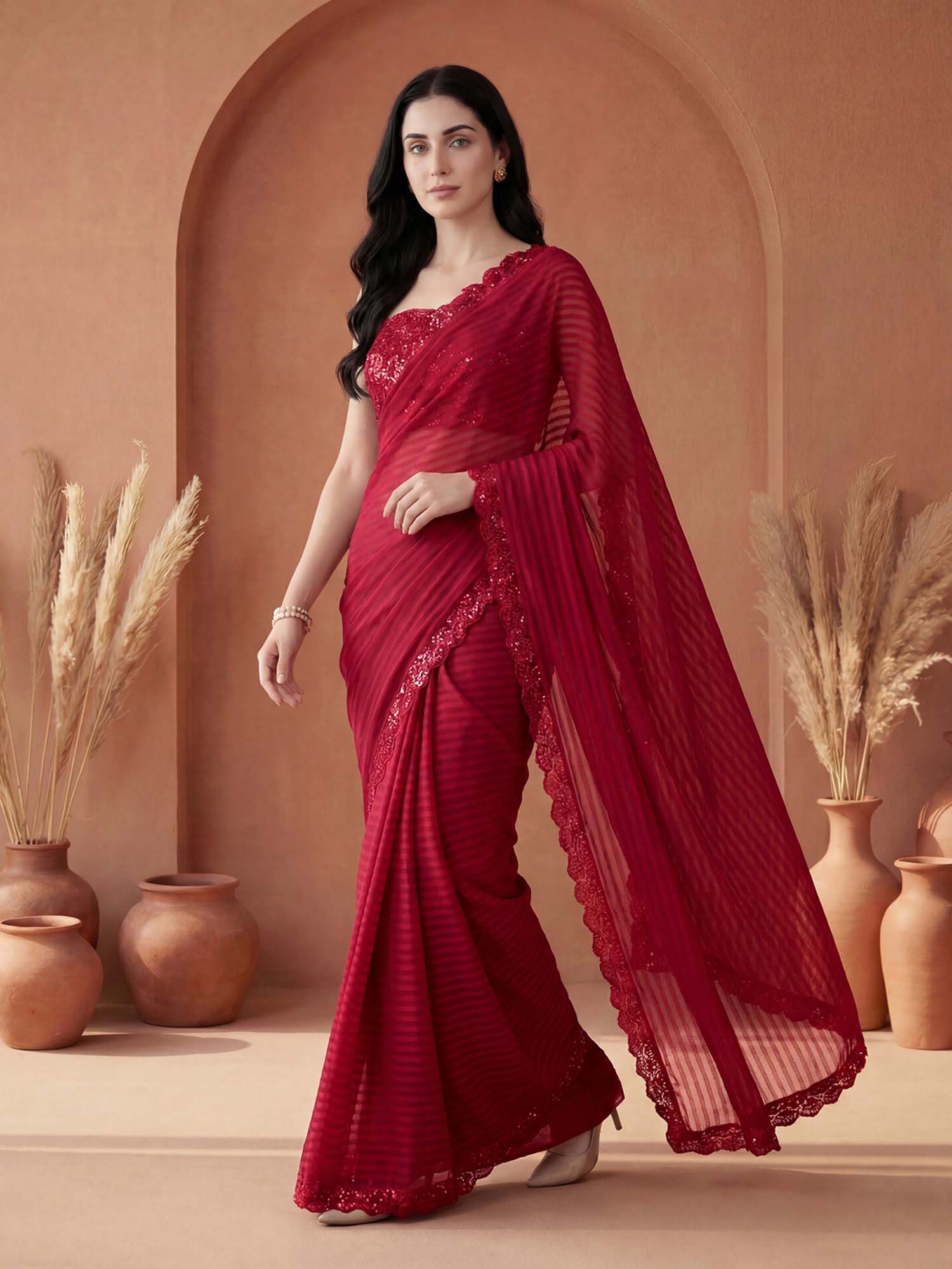 Red Stripes Sequined Border Georgette Saree with Unstitched Blouse