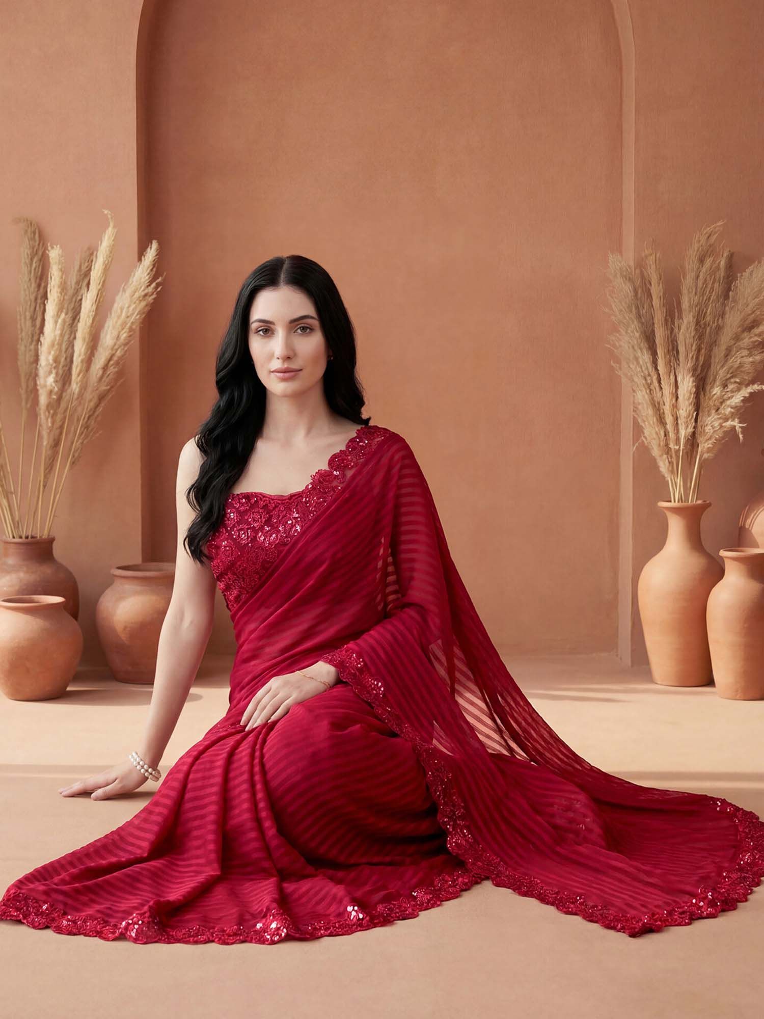 Red Stripes Sequined Border Georgette Saree with Unstitched Blouse