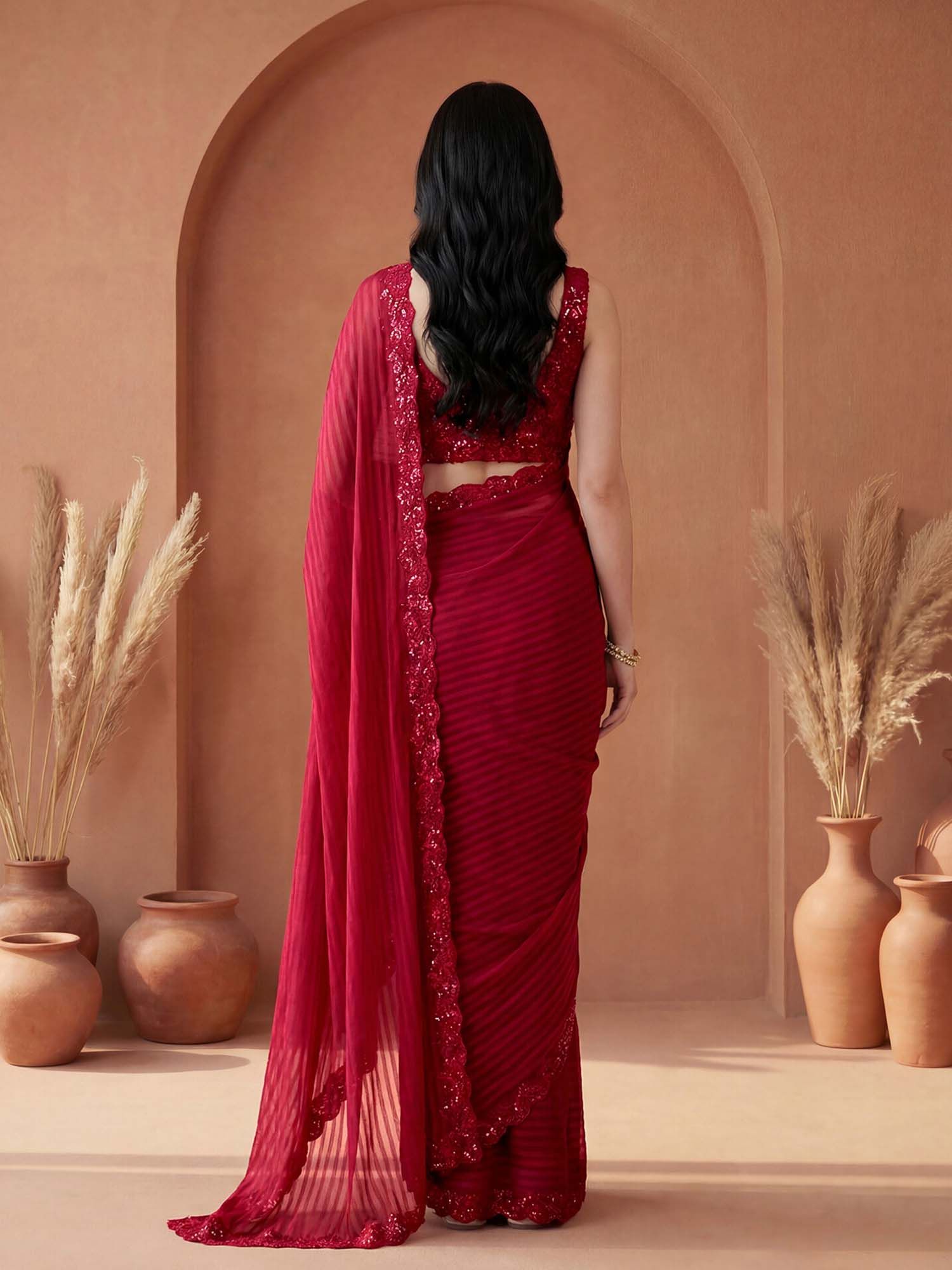 Red Stripes Sequined Border Georgette Saree with Unstitched Blouse