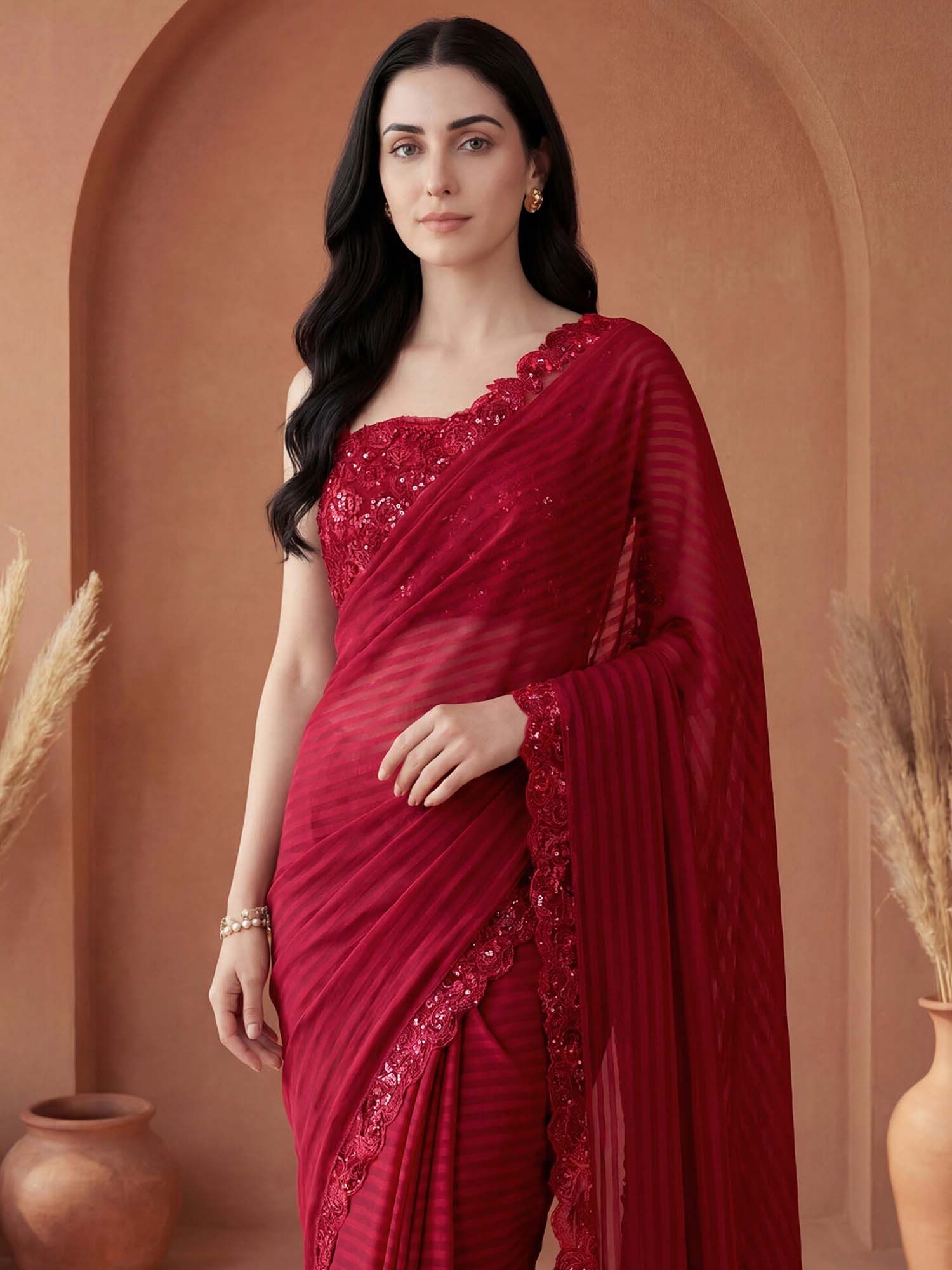 Red Stripes Sequined Border Georgette Saree with Unstitched Blouse