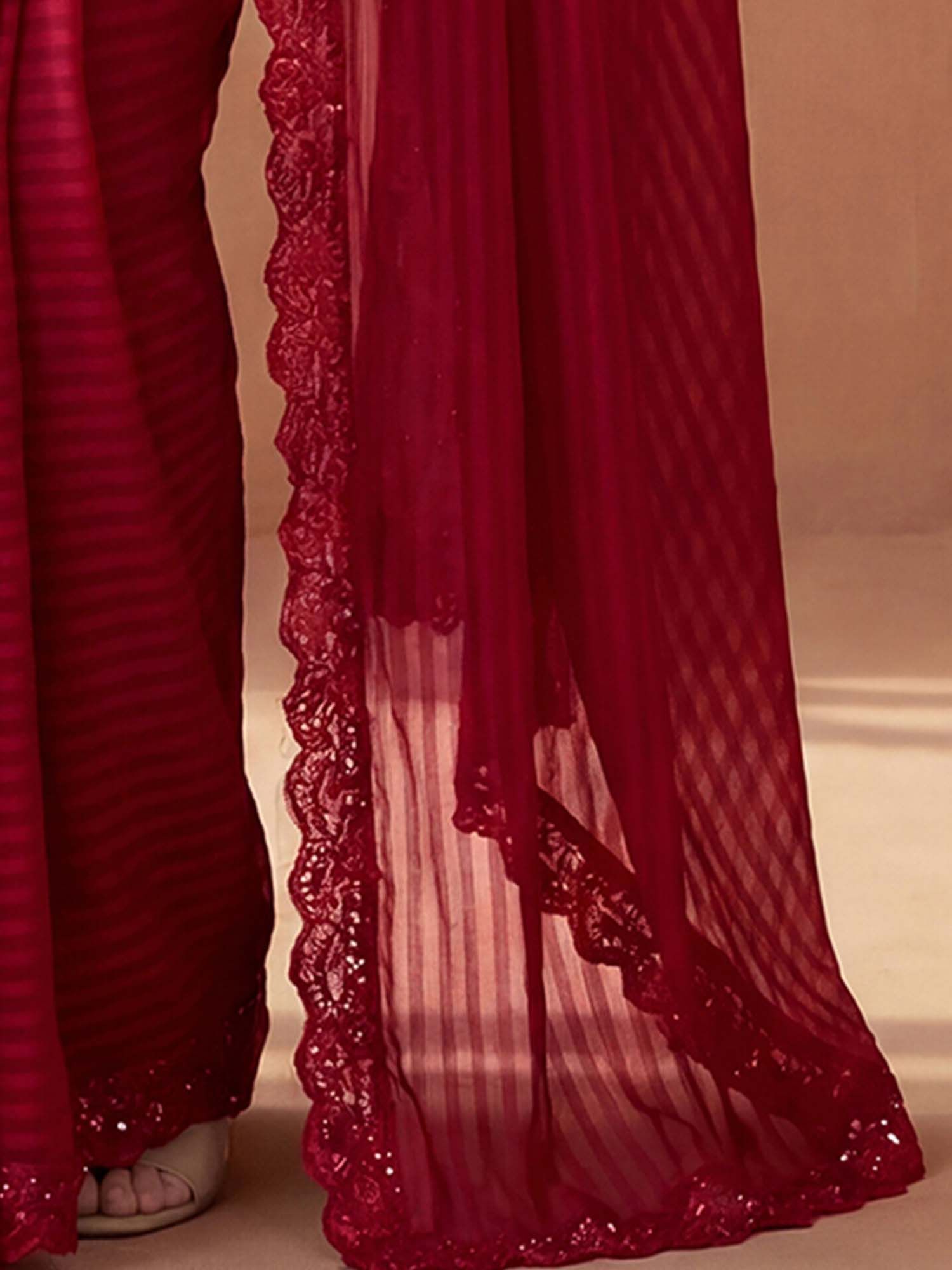 Red Stripes Sequined Border Georgette Saree with Unstitched Blouse