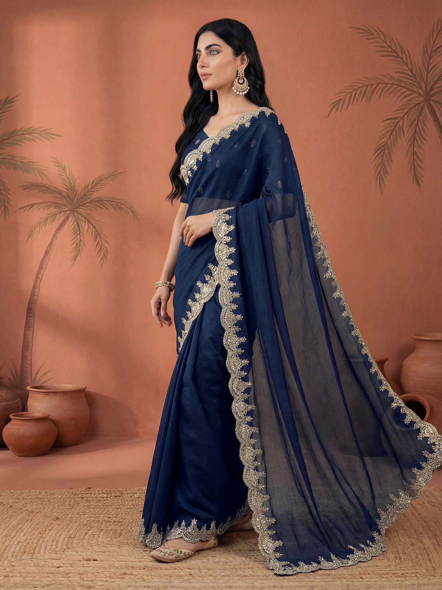 Navy Blue Sequined Embroidered Border Chiffon Saree with Unstitched Blouse