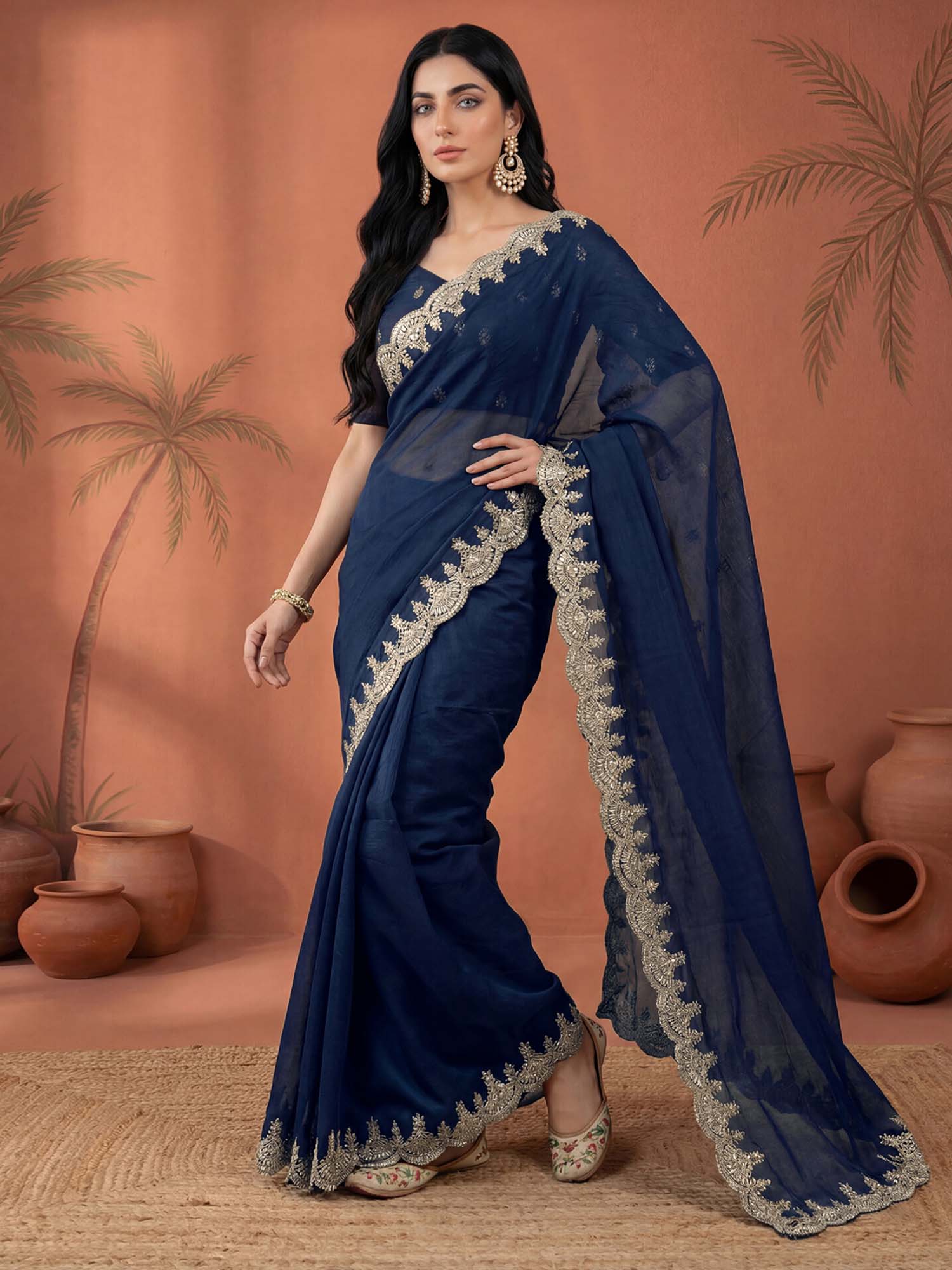 Navy Blue Sequined Embroidered Border Chiffon Saree with Unstitched Blouse