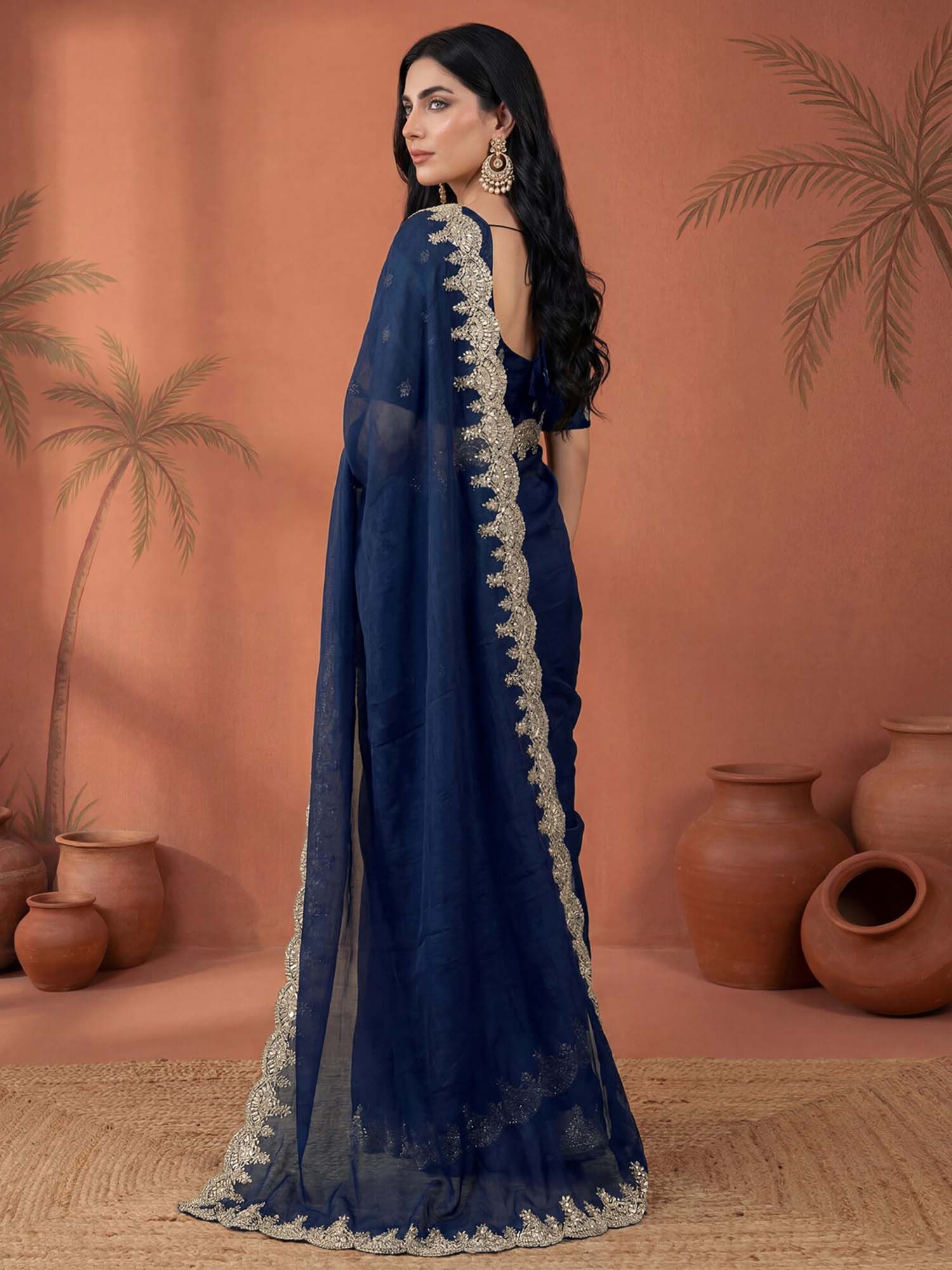 Navy Blue Sequined Embroidered Border Chiffon Saree with Unstitched Blouse