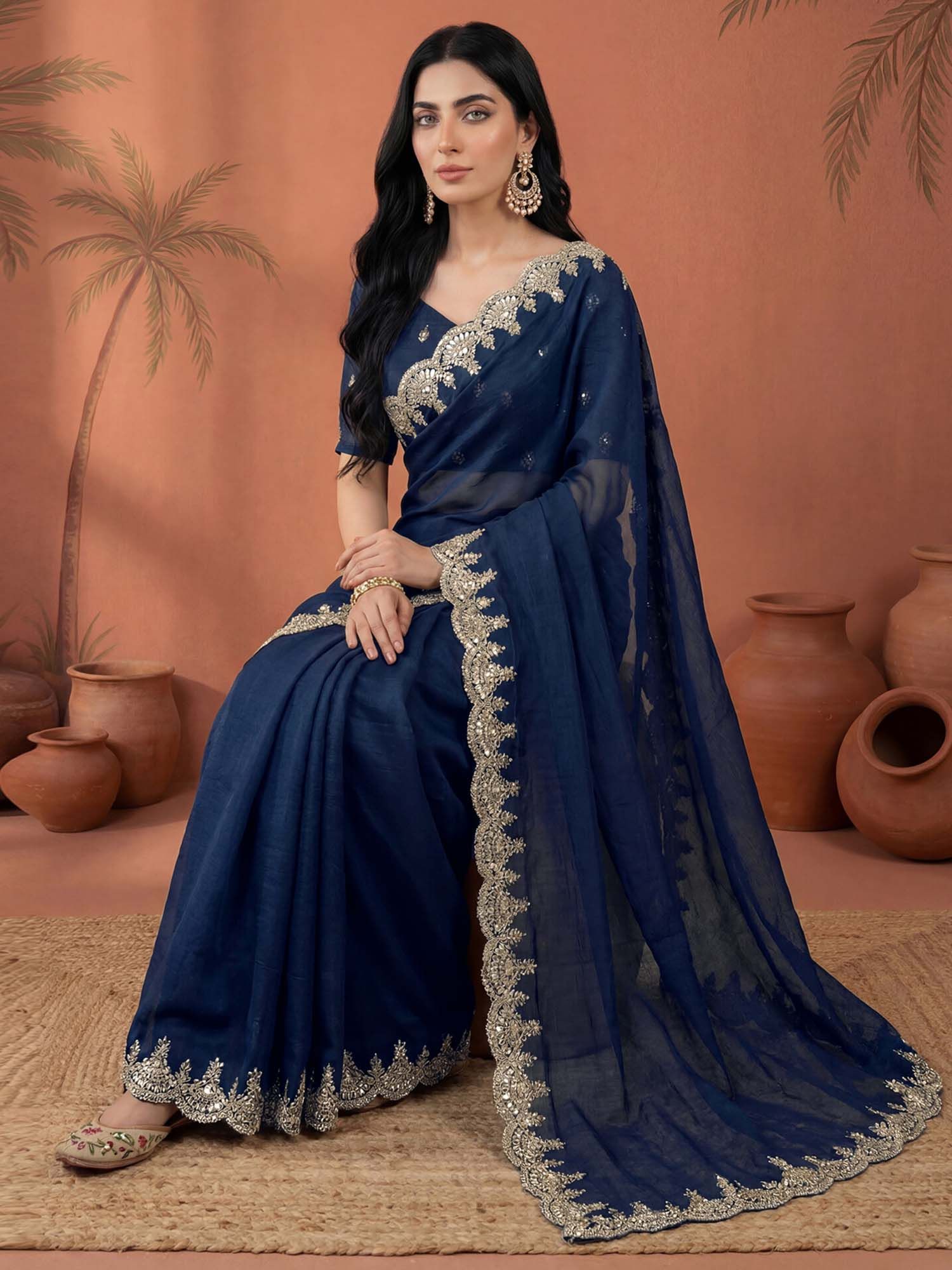 Navy Blue Sequined Embroidered Border Chiffon Saree with Unstitched Blouse