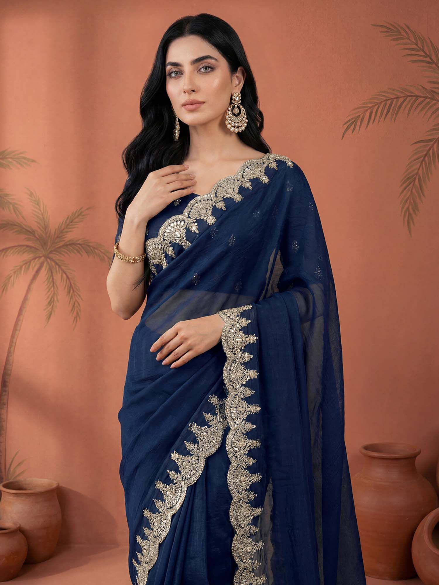 Navy Blue Sequined Embroidered Border Chiffon Saree with Unstitched Blouse