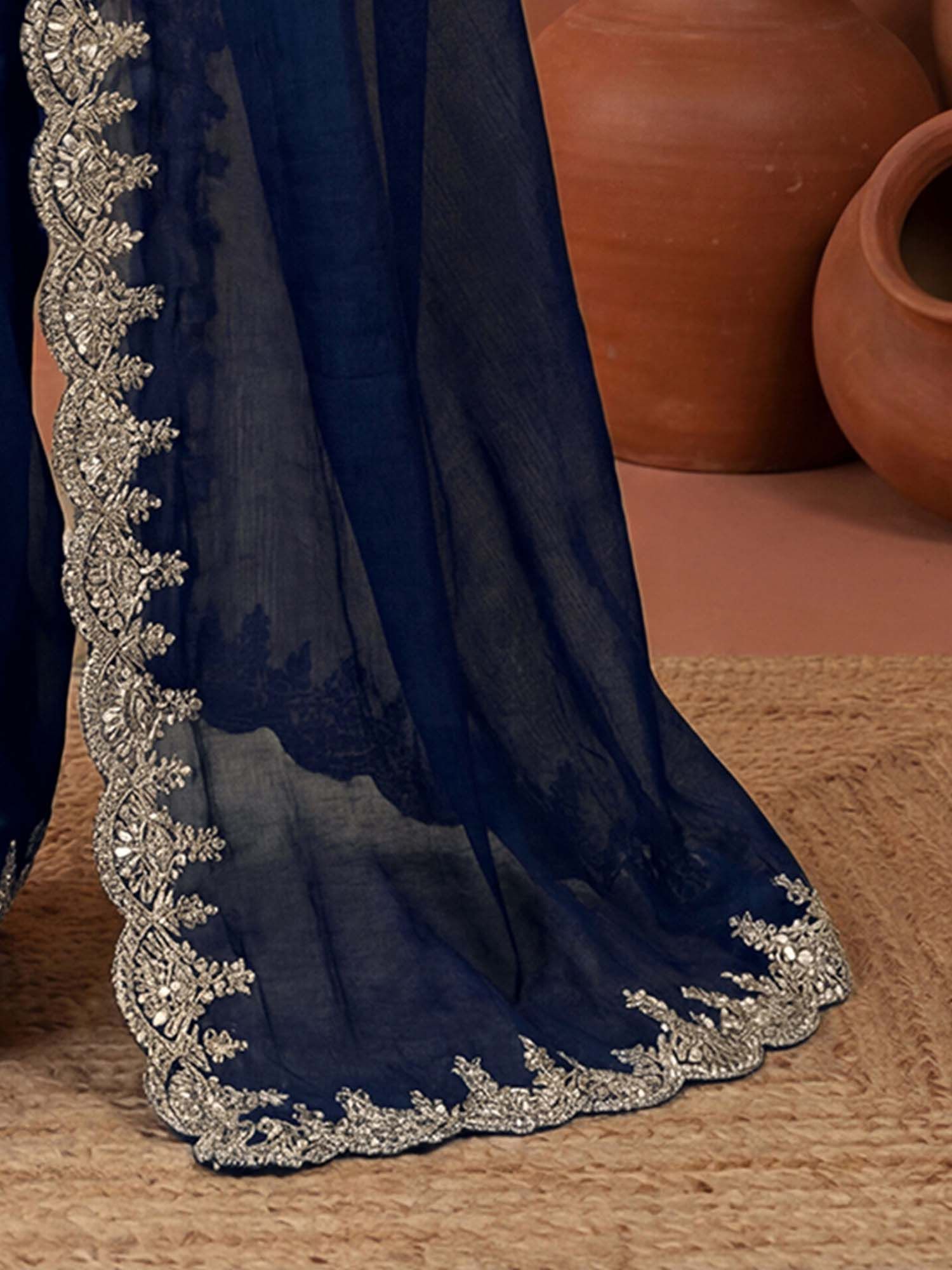 Navy Blue Sequined Embroidered Border Chiffon Saree with Unstitched Blouse