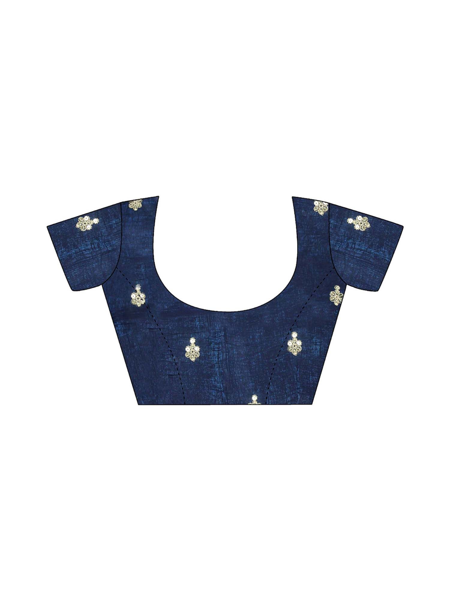 Navy Blue Sequined Embroidered Border Chiffon Saree with Unstitched Blouse