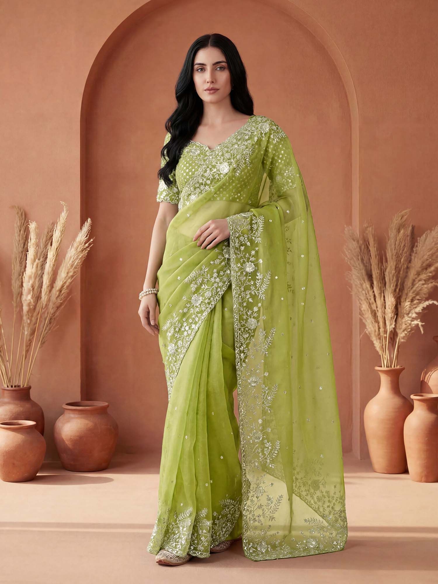 Light Green Embellished Sequined Organza Saree with Unstitched Blouse