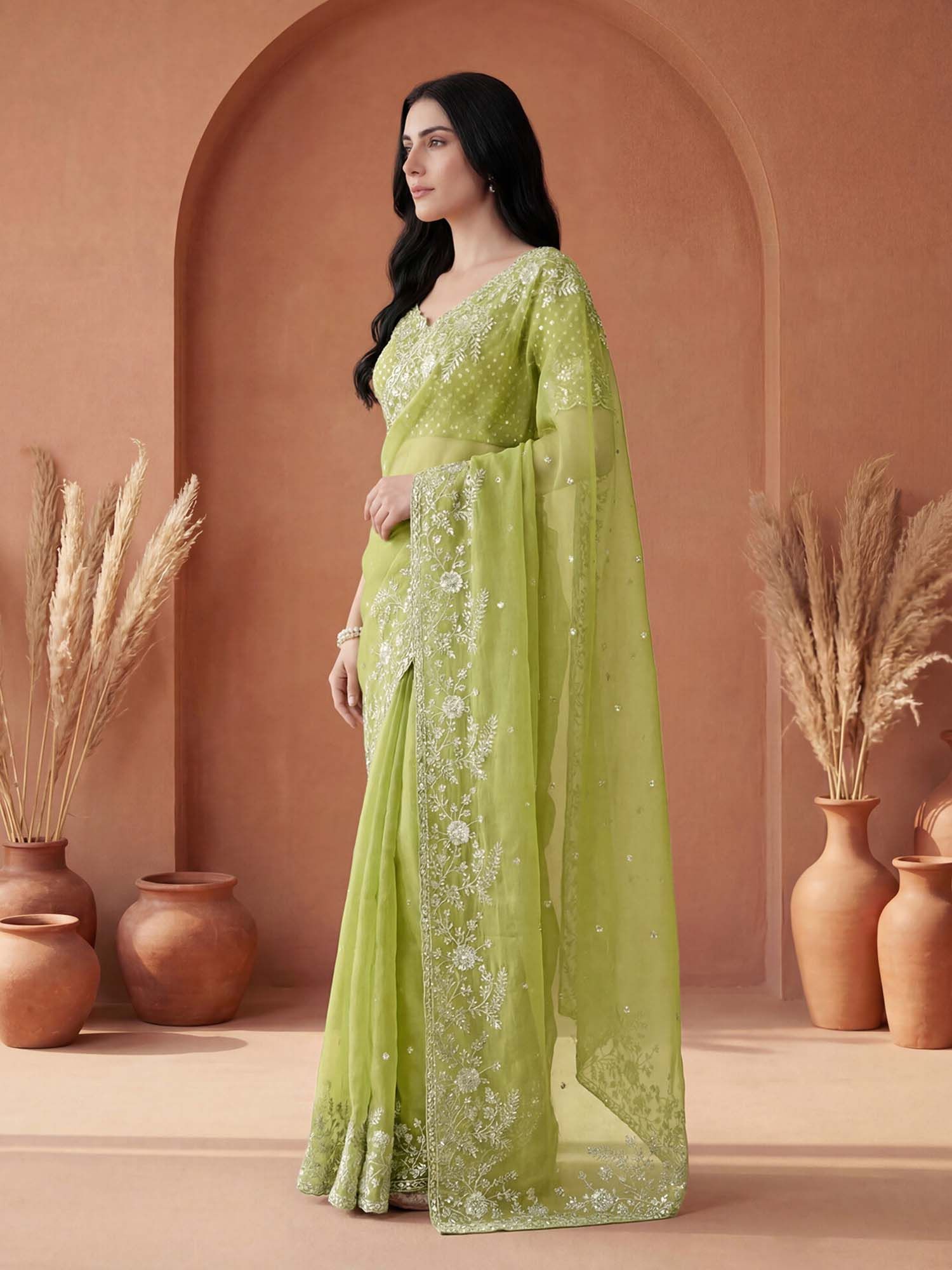 Light Green Embellished Sequined Organza Saree with Unstitched Blouse