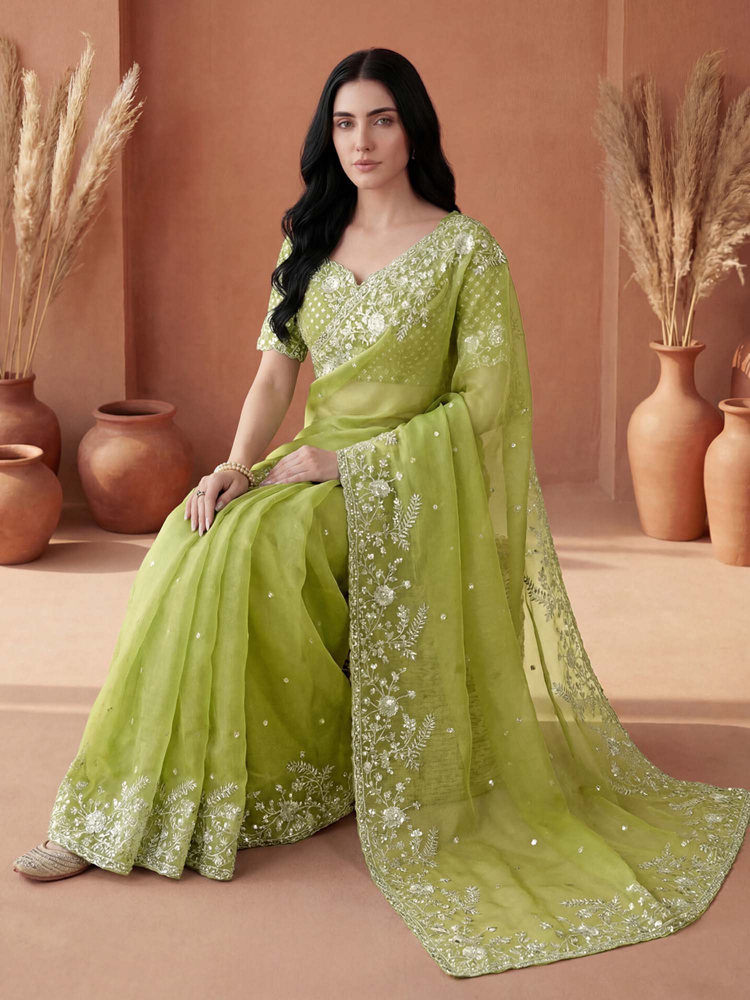 Light Green Embellished Sequined Organza Saree with Unstitched Blouse
