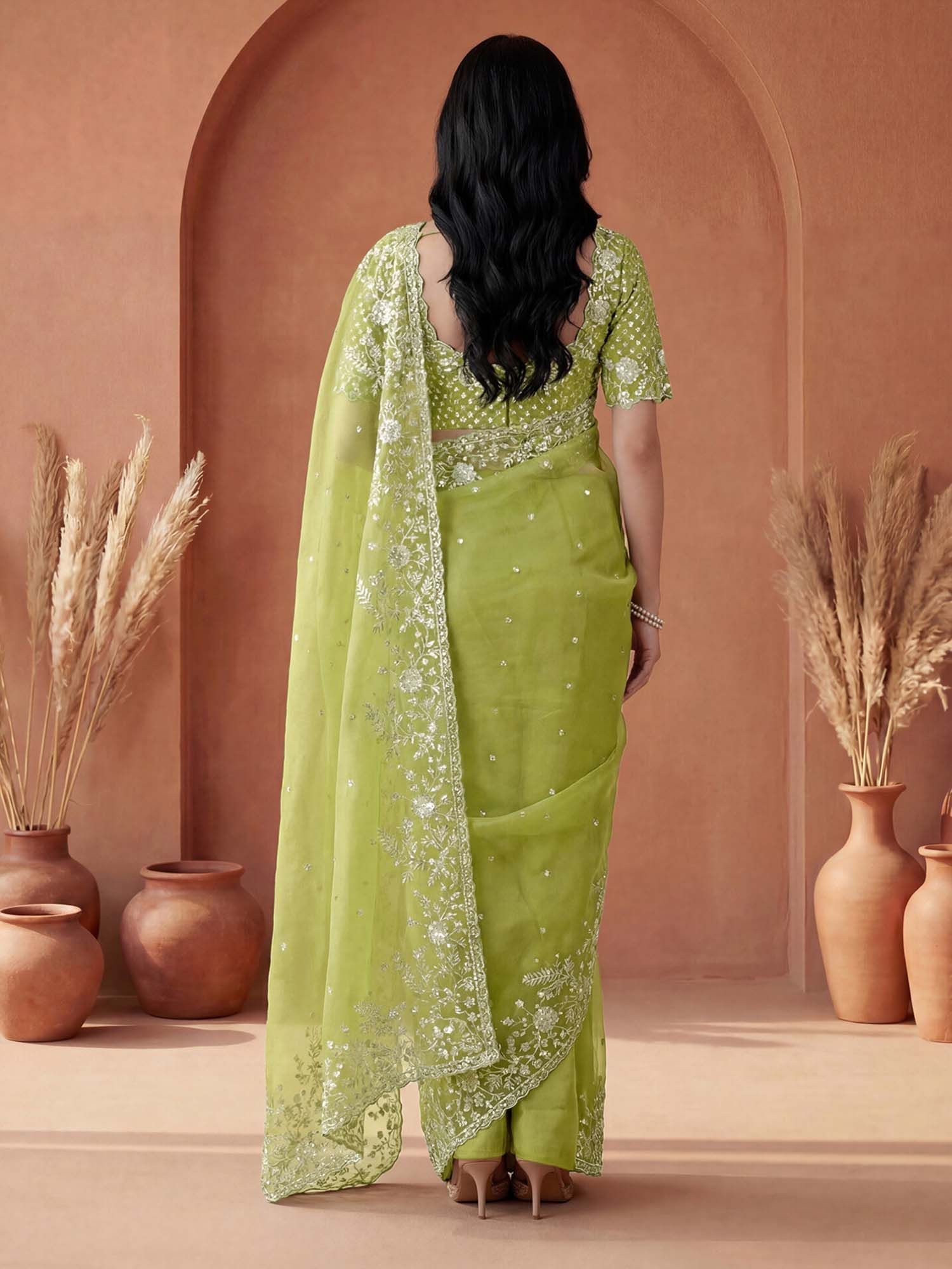 Light Green Embellished Sequined Organza Saree with Unstitched Blouse