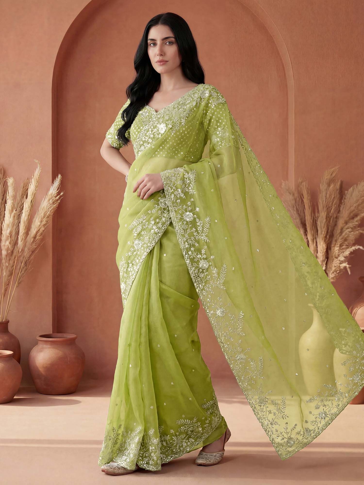 Light Green Embellished Sequined Organza Saree with Unstitched Blouse