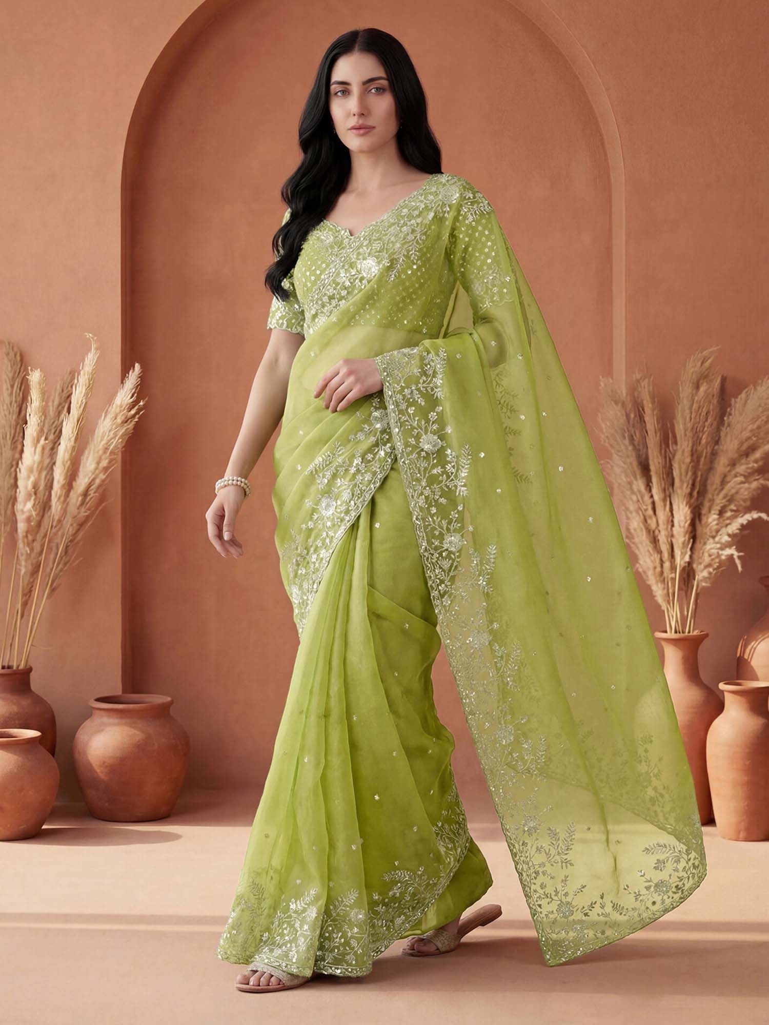 Light Green Embellished Sequined Organza Saree with Unstitched Blouse