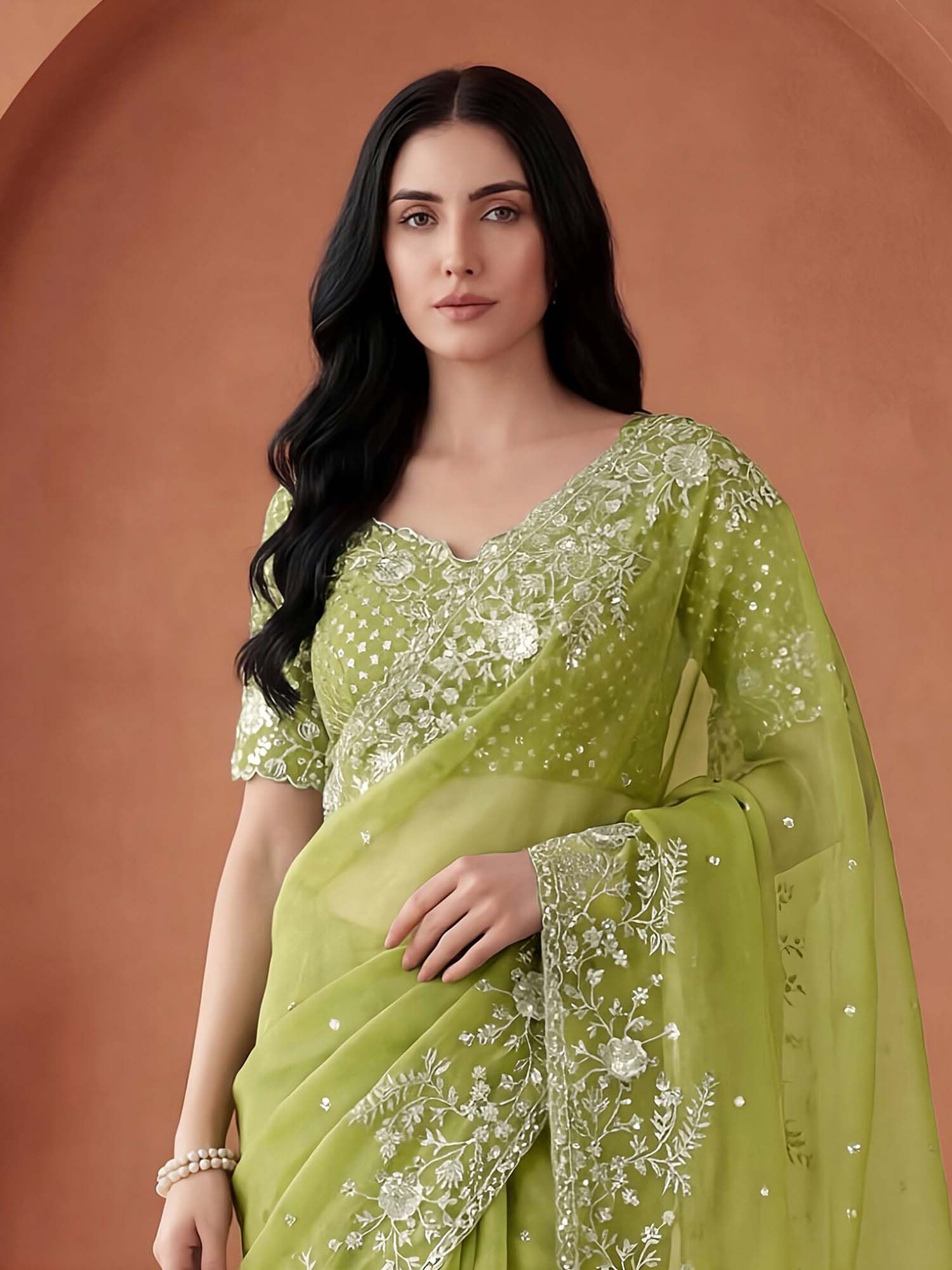 Light Green Embellished Sequined Organza Saree with Unstitched Blouse
