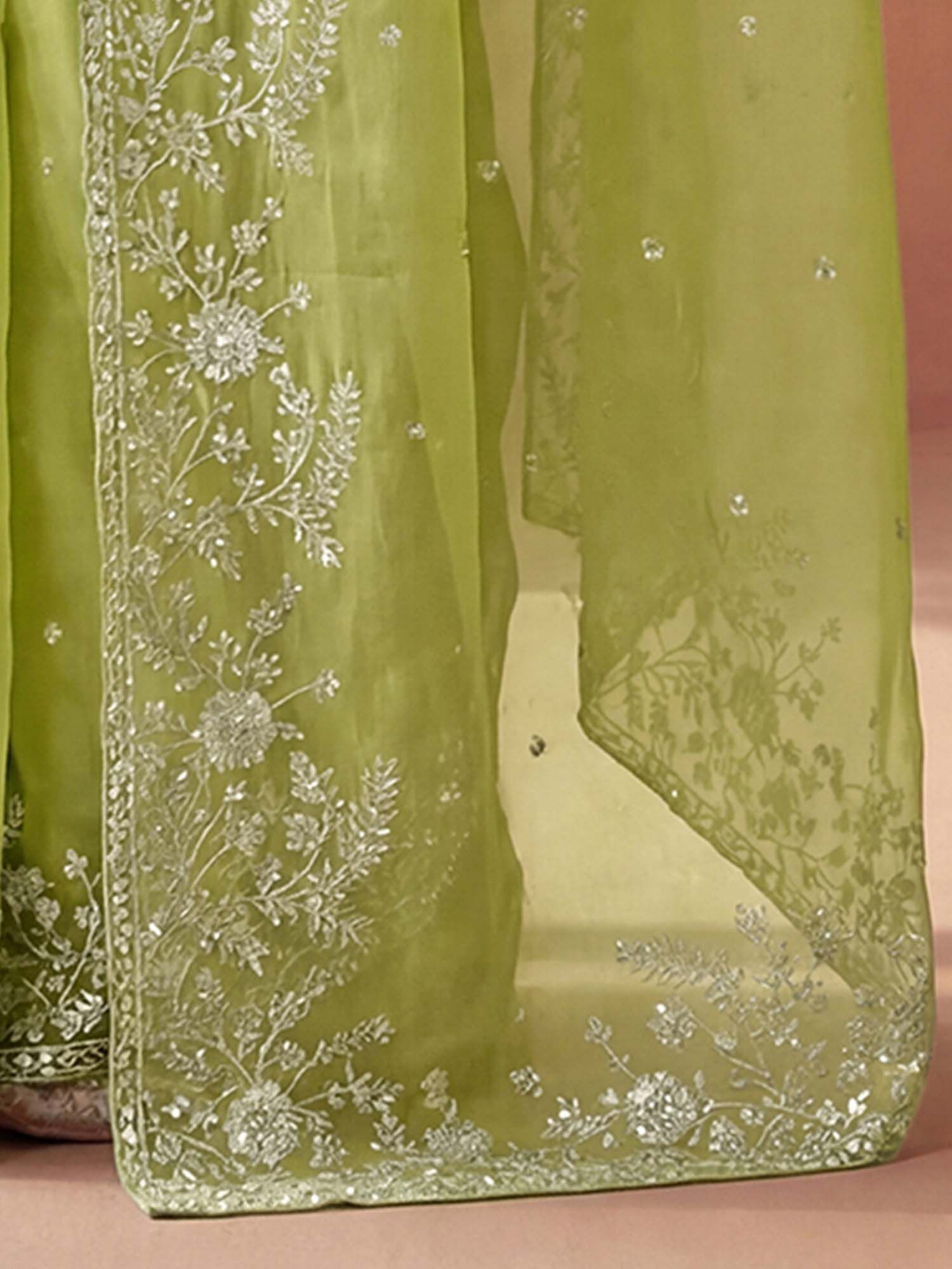 Light Green Embellished Sequined Organza Saree with Unstitched Blouse