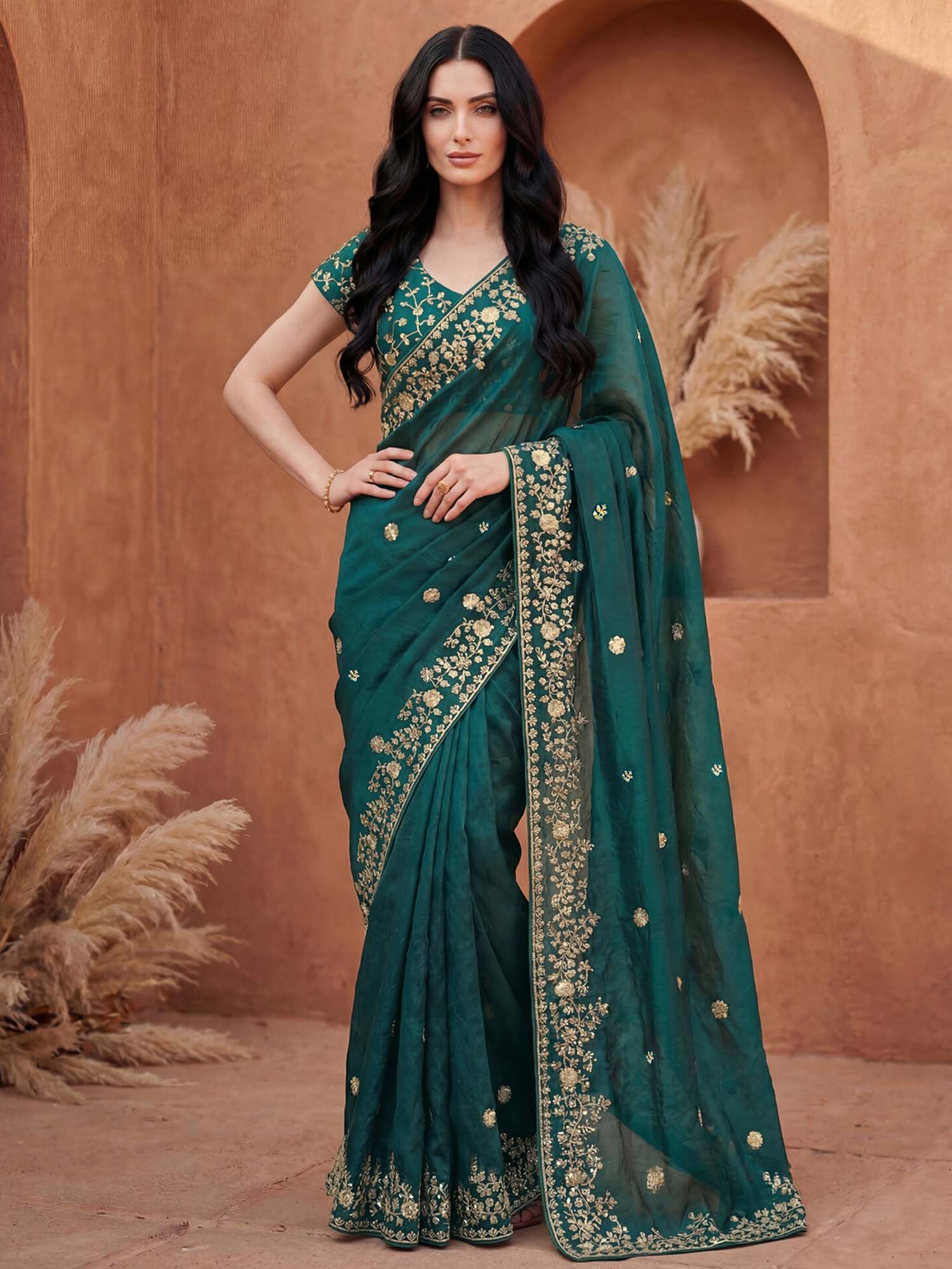 Rama Green Sequined Embroidered Tissue Silk Saree with Unstitched Blouse
