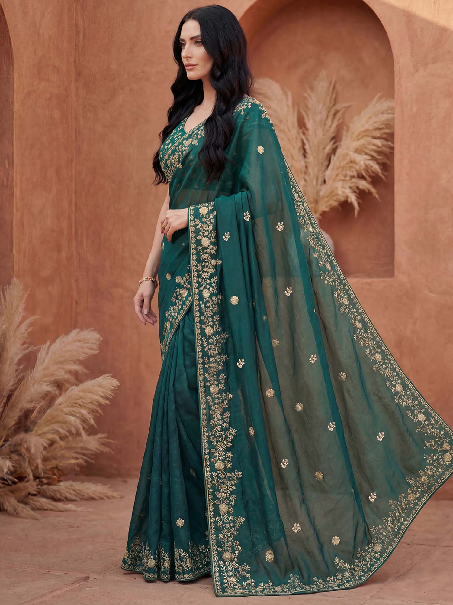 Rama Green Sequined Embroidered Tissue Silk Saree with Unstitched Blouse