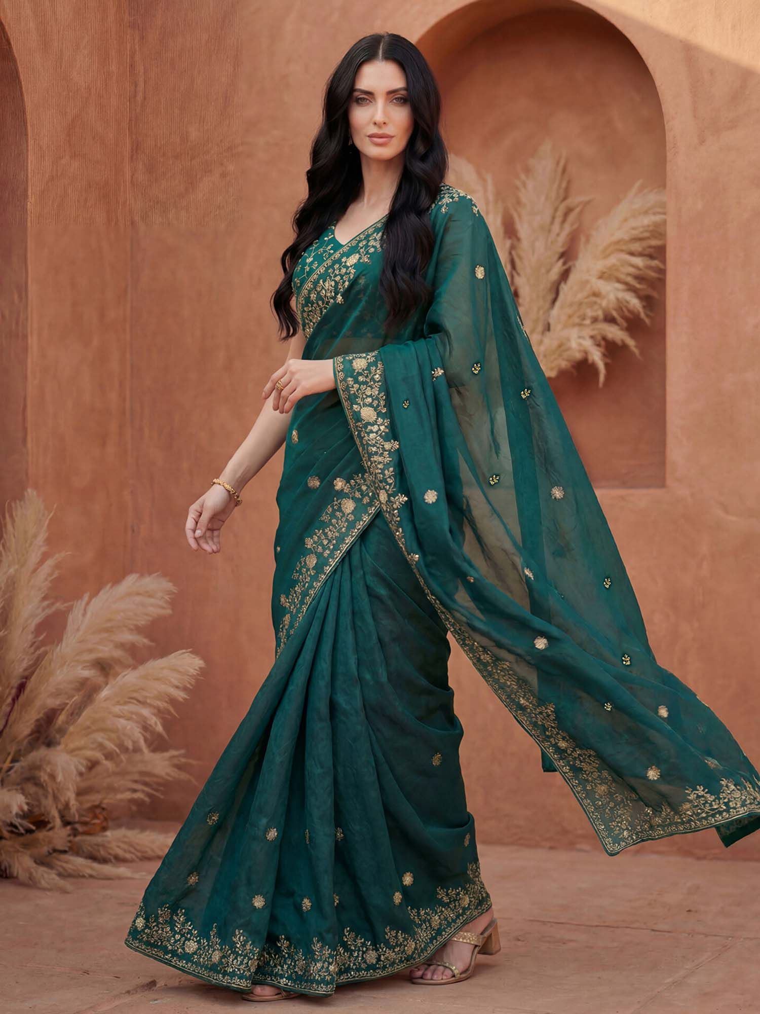 Rama Green Sequined Embroidered Tissue Silk Saree with Unstitched Blouse