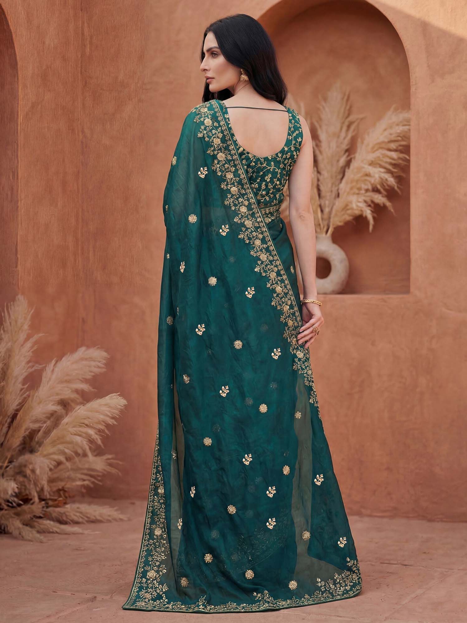 Rama Green Sequined Embroidered Tissue Silk Saree with Unstitched Blouse