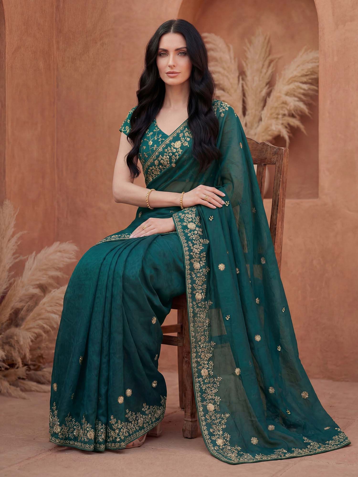 Rama Green Sequined Embroidered Tissue Silk Saree with Unstitched Blouse