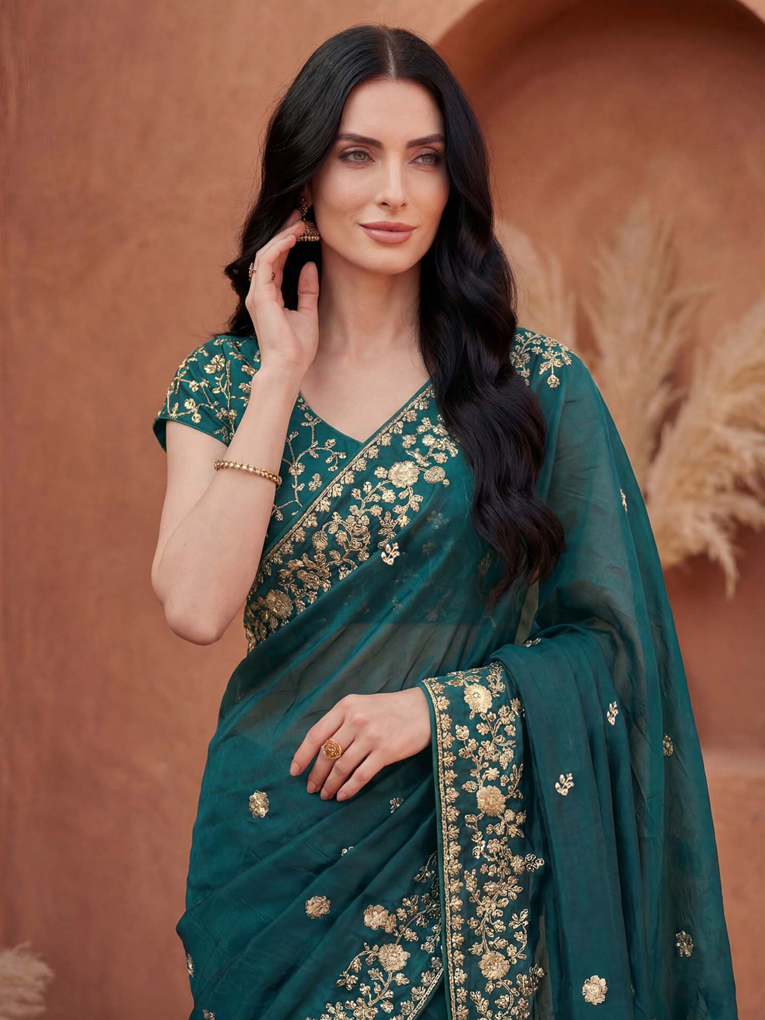 Rama Green Sequined Embroidered Tissue Silk Saree with Unstitched Blouse