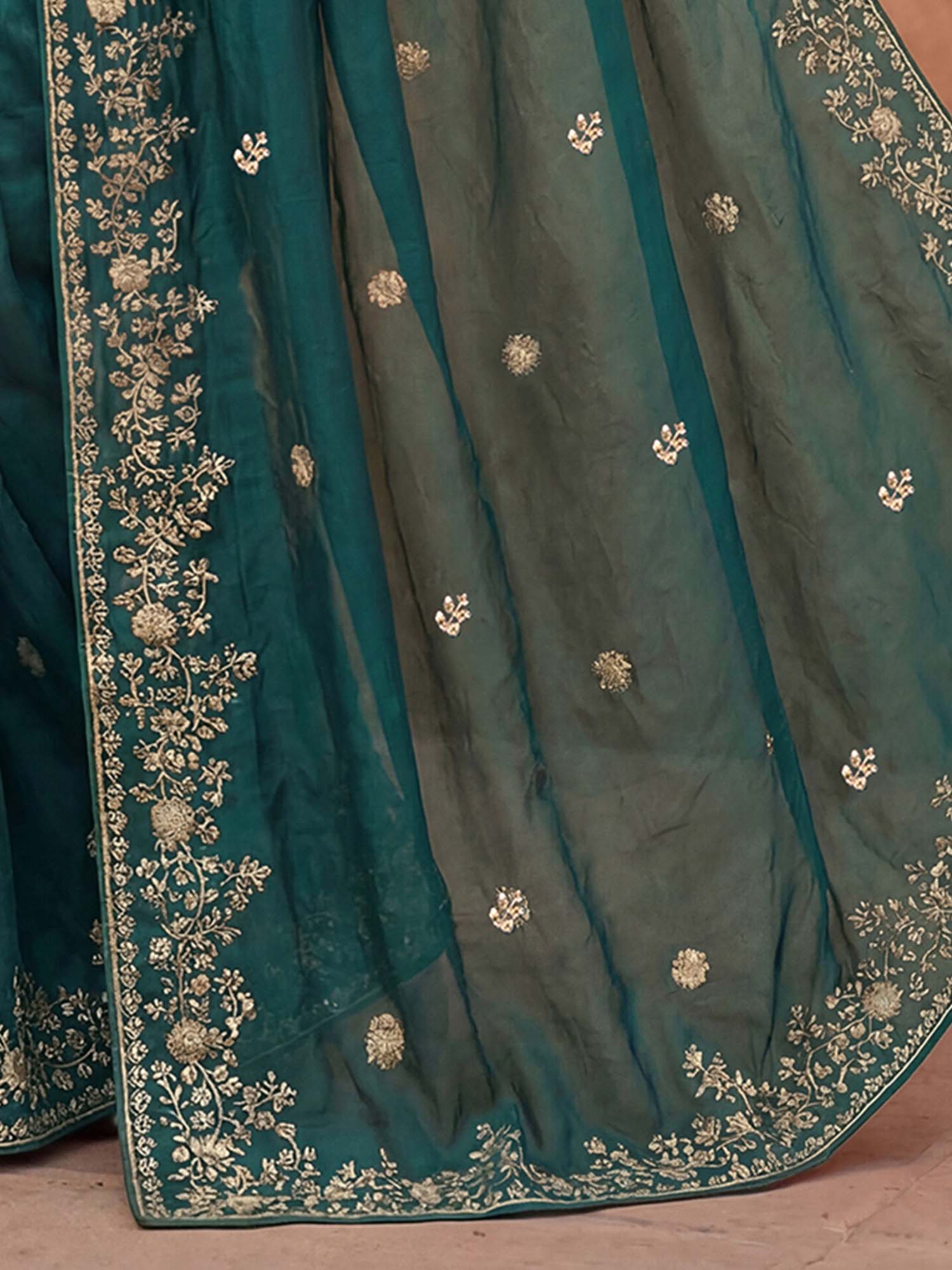 Rama Green Sequined Embroidered Tissue Silk Saree with Unstitched Blouse