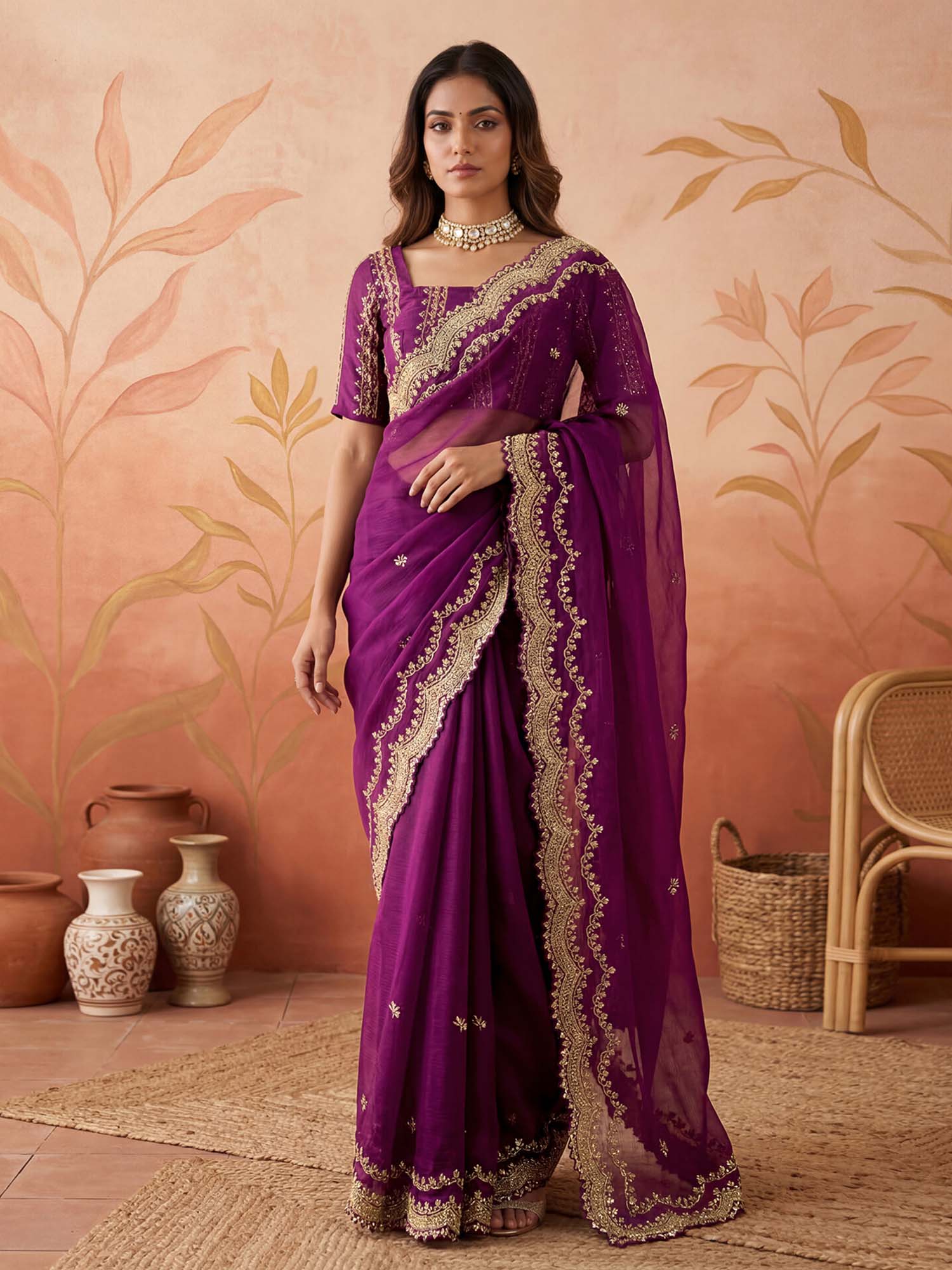 Wine Sequined Embroidered Scalloped Border Chiffon Saree with Unstitched Blouse
