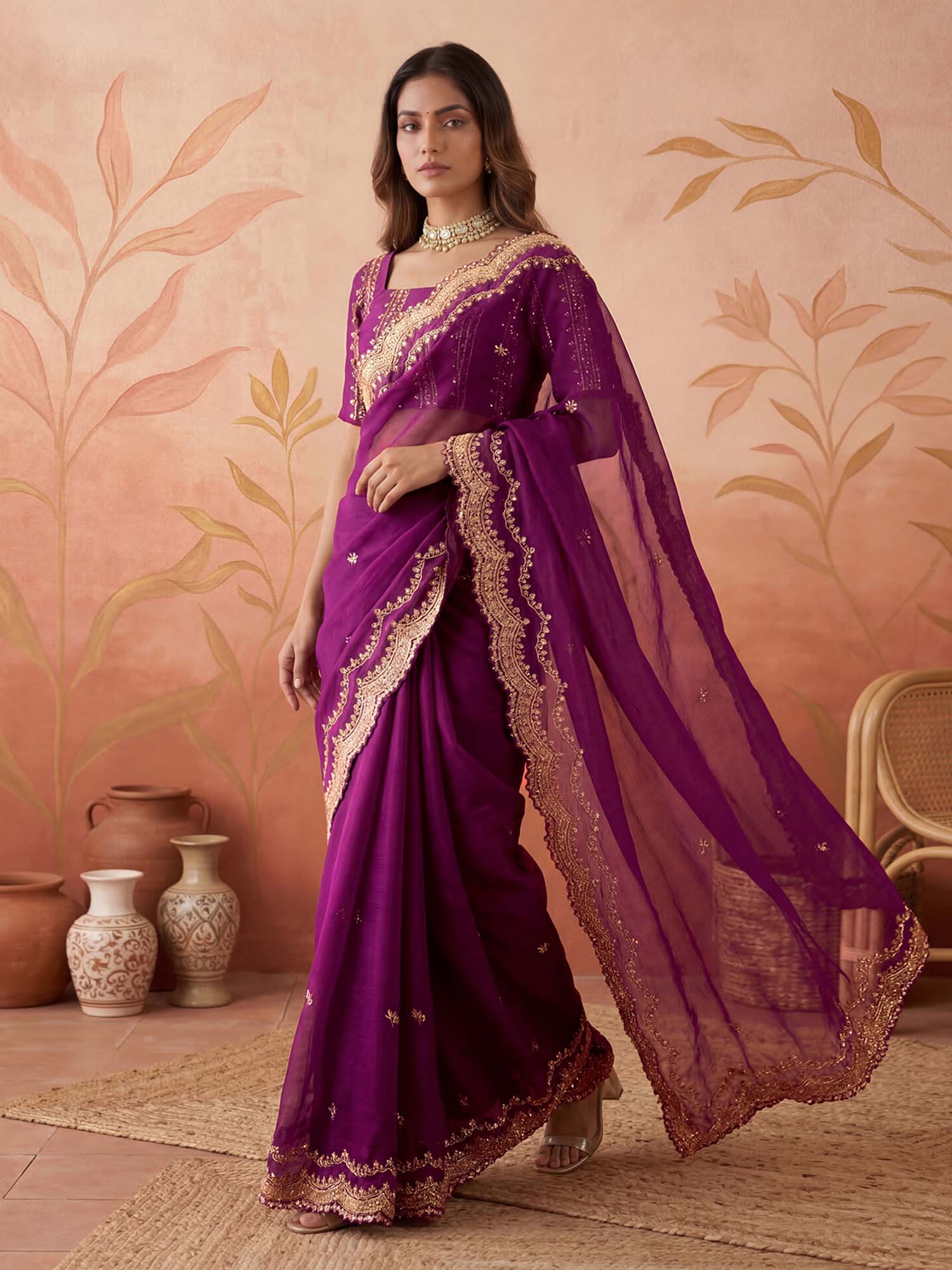 Wine Sequined Embroidered Scalloped Border Chiffon Saree with Unstitched Blouse