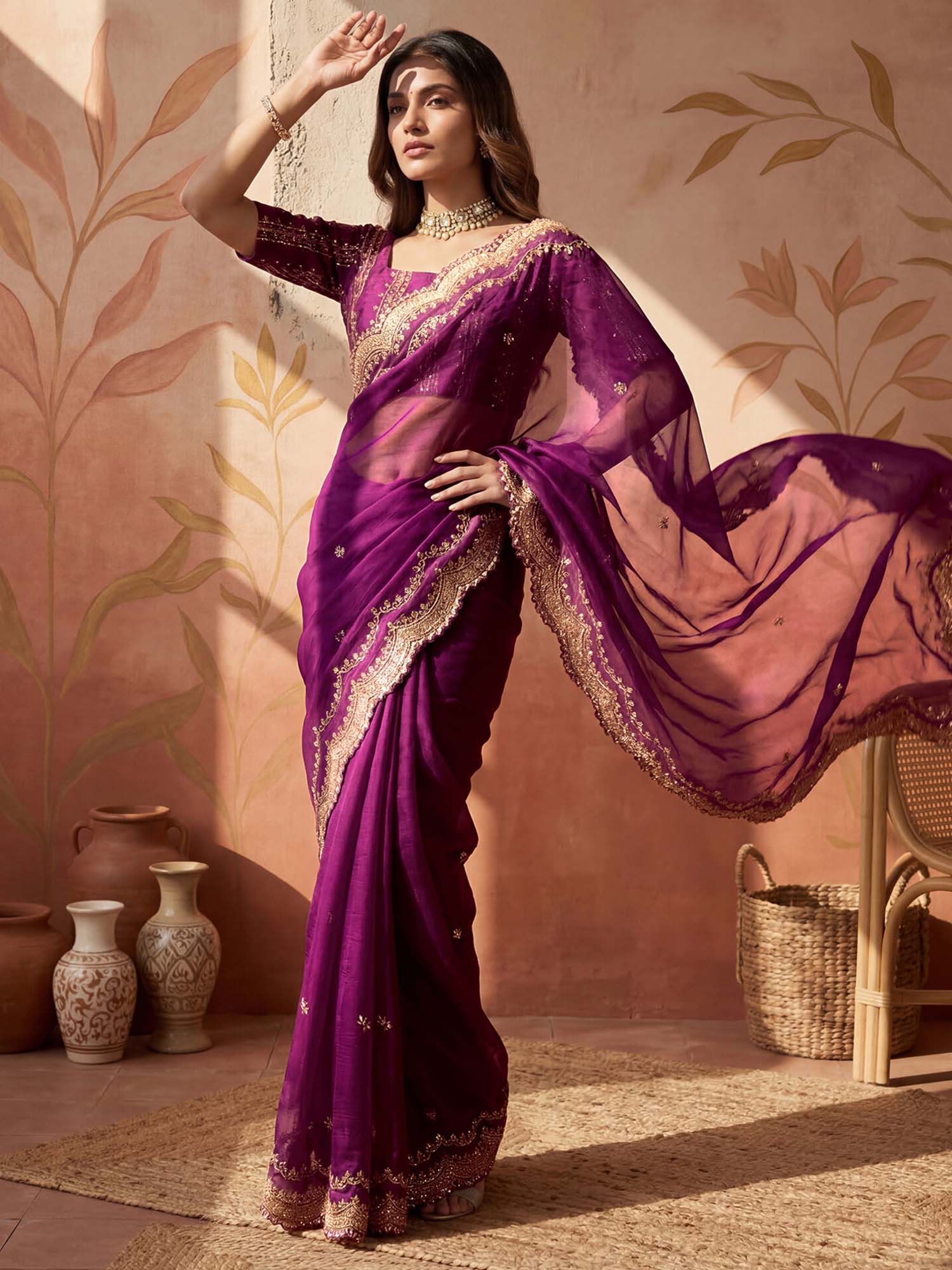 Wine Sequined Embroidered Scalloped Border Chiffon Saree with Unstitched Blouse
