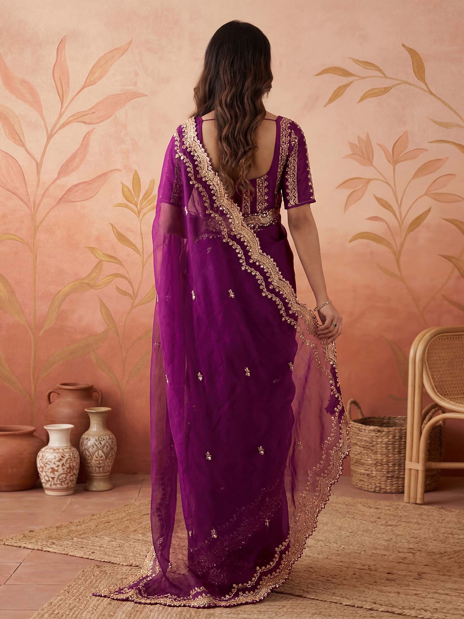 Wine Sequined Embroidered Scalloped Border Chiffon Saree with Unstitched Blouse