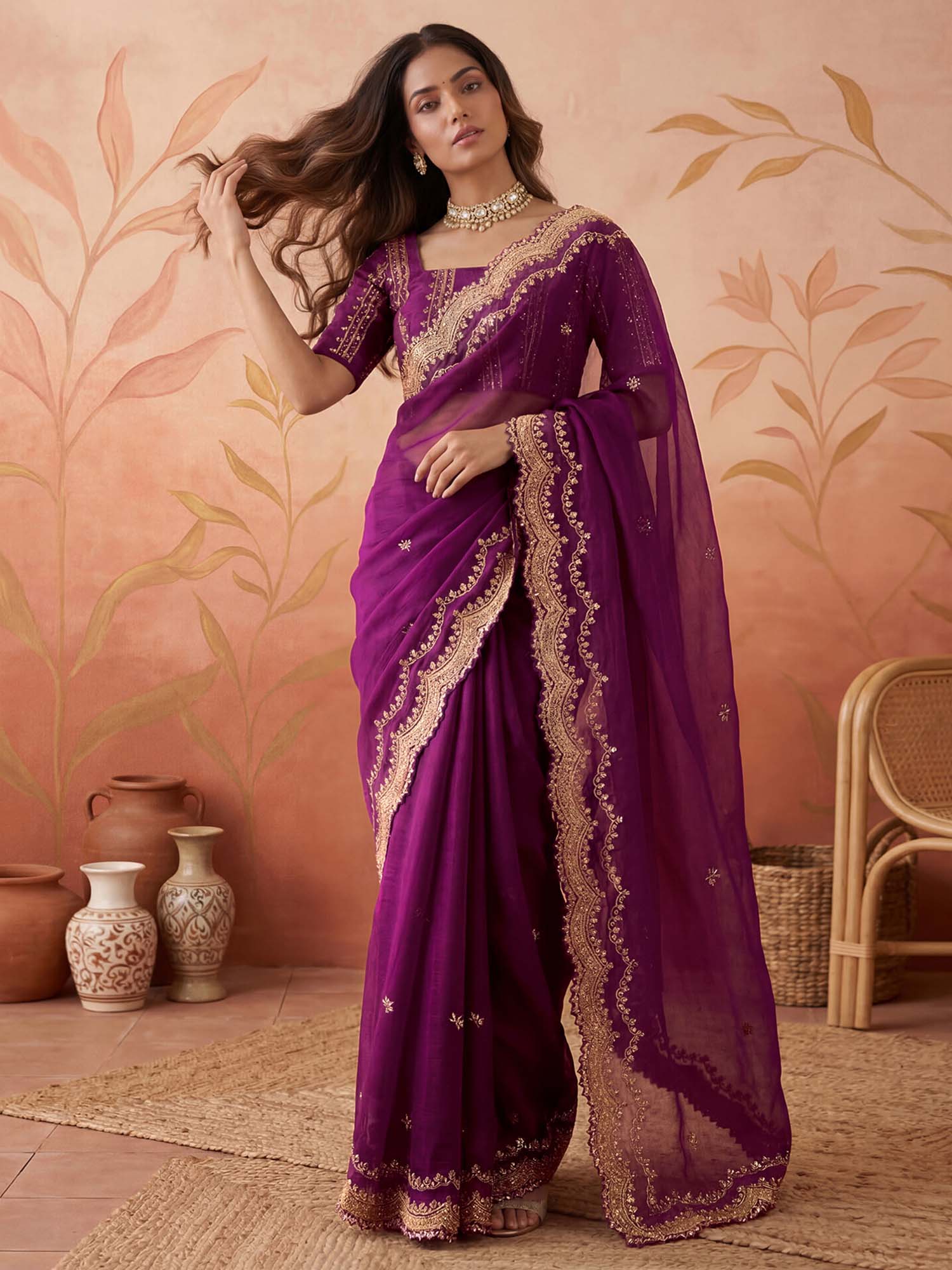 Wine Sequined Embroidered Scalloped Border Chiffon Saree with Unstitched Blouse